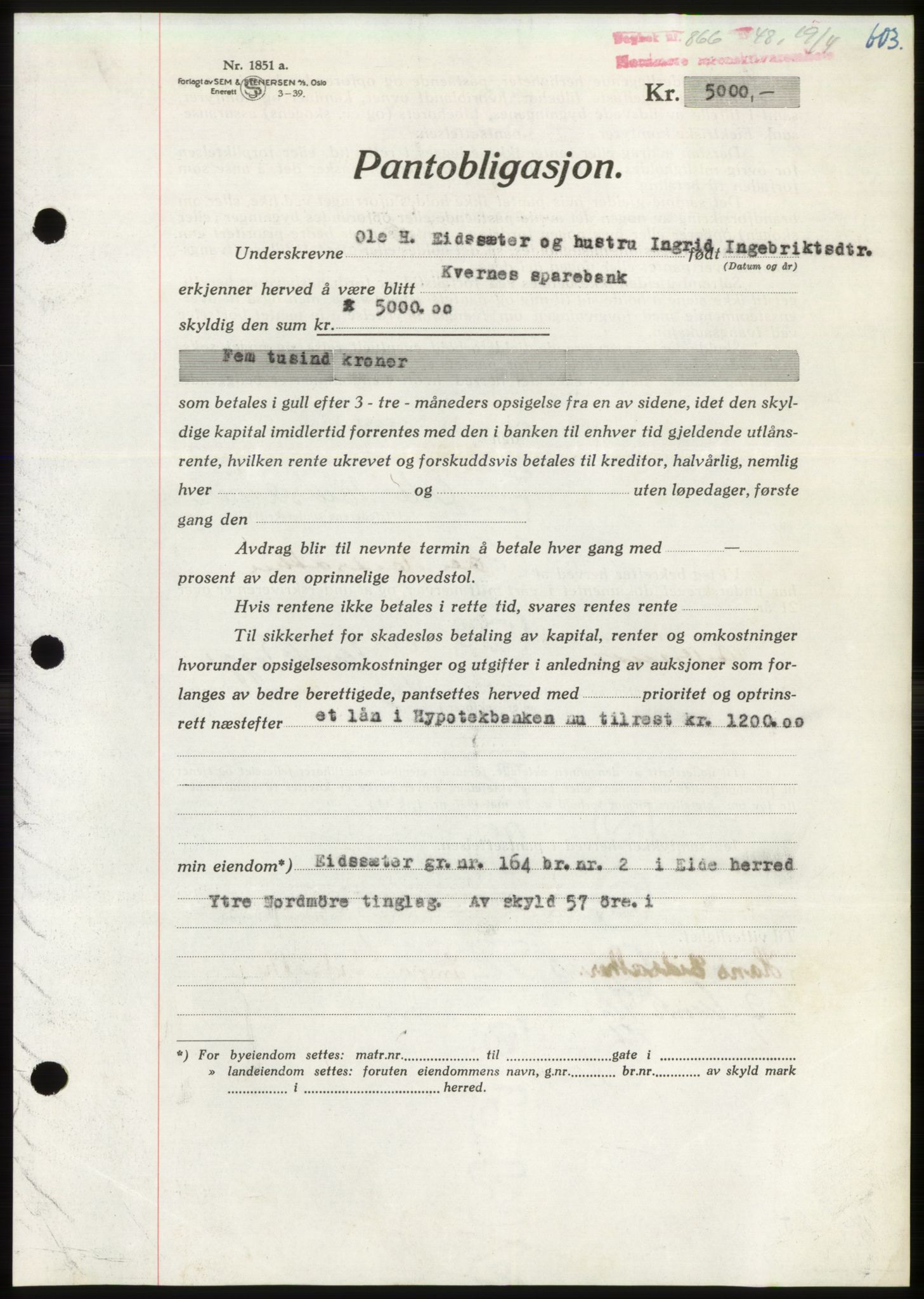 Nordmøre sorenskriveri, AV/SAT-A-4132/1/2/2Ca: Mortgage book no. B98, 1948-1948, Diary no: : 866/1948