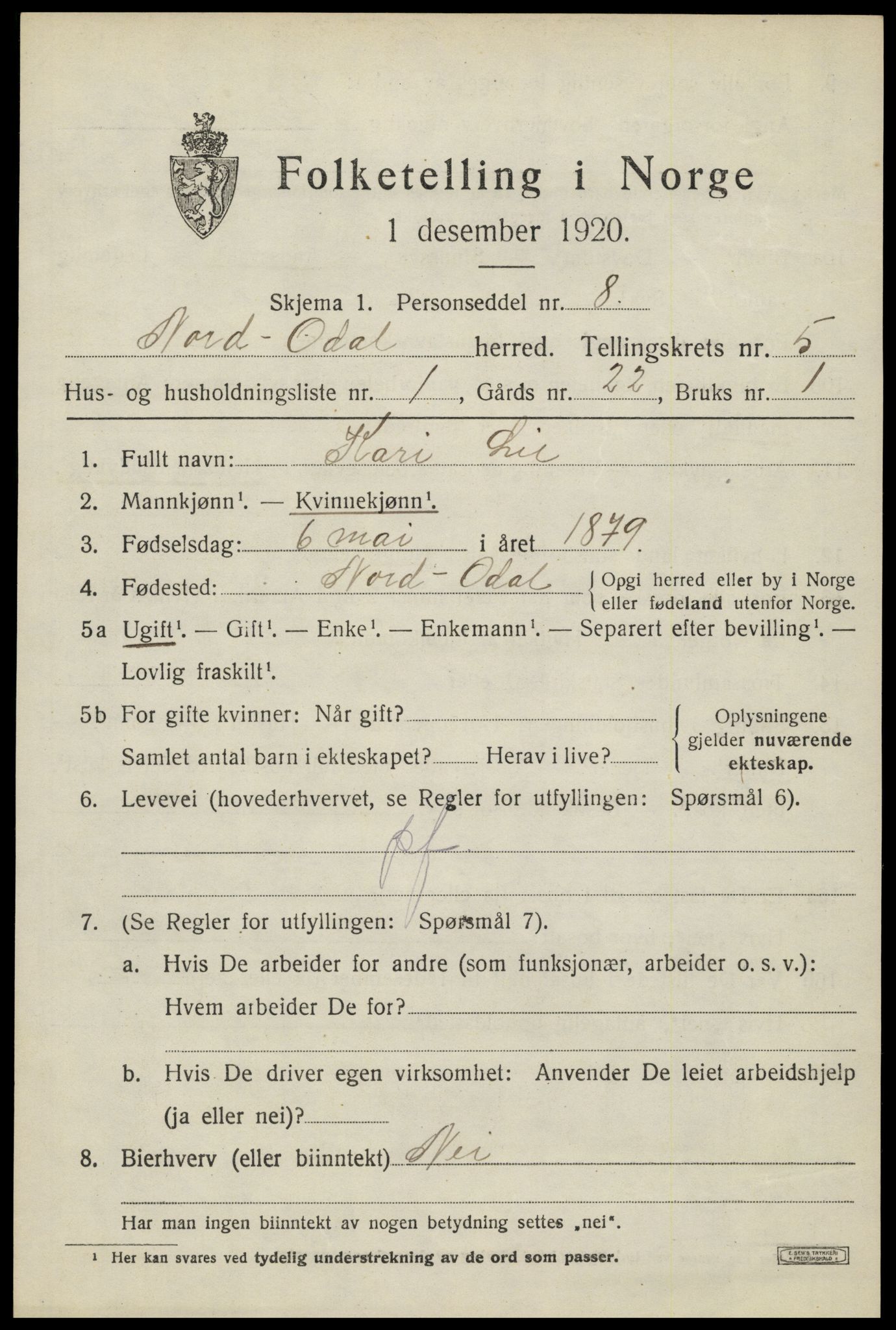 SAH, 1920 census for Nord-Odal, 1920, p. 5047