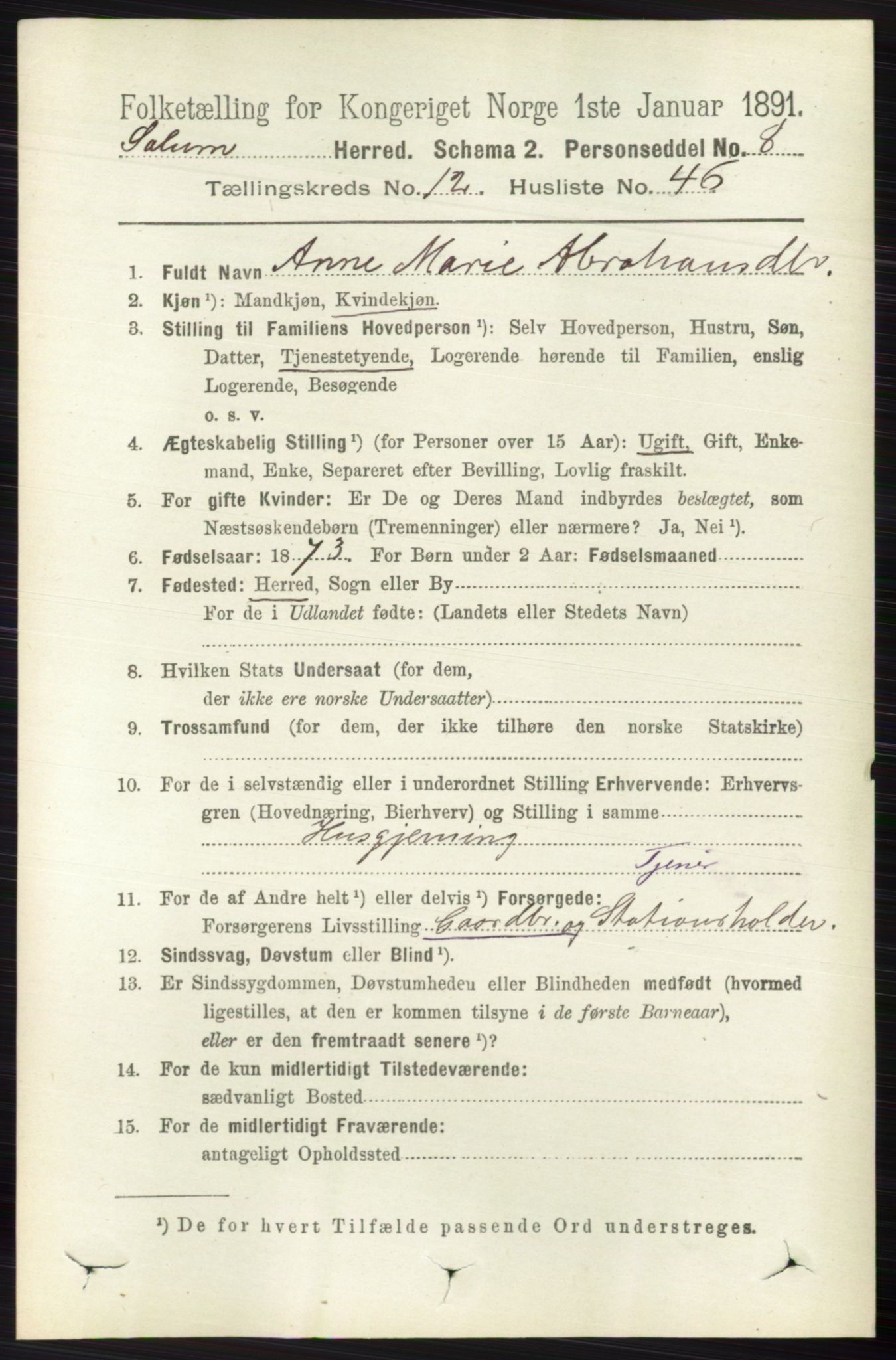 RA, 1891 census for 0818 Solum, 1891, p. 5884