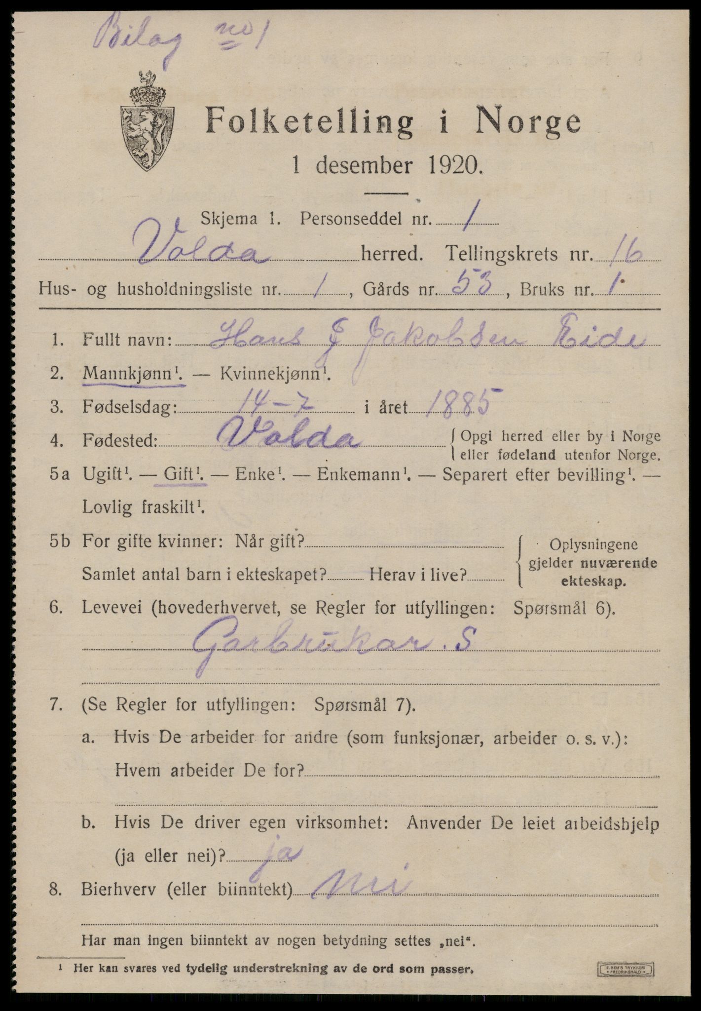 SAT, 1920 census for Volda, 1920, p. 9204