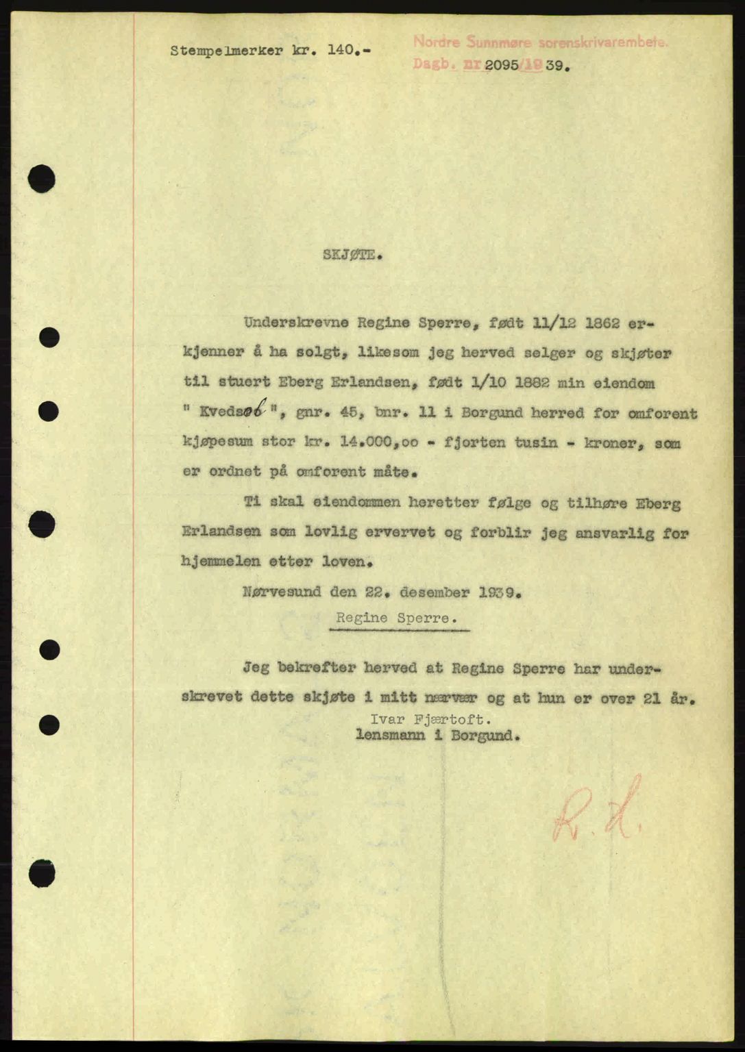 Nordre Sunnmøre sorenskriveri, AV/SAT-A-0006/1/2/2C/2Ca: Mortgage book no. A8, 1939-1940, Diary no: : 2095/1939