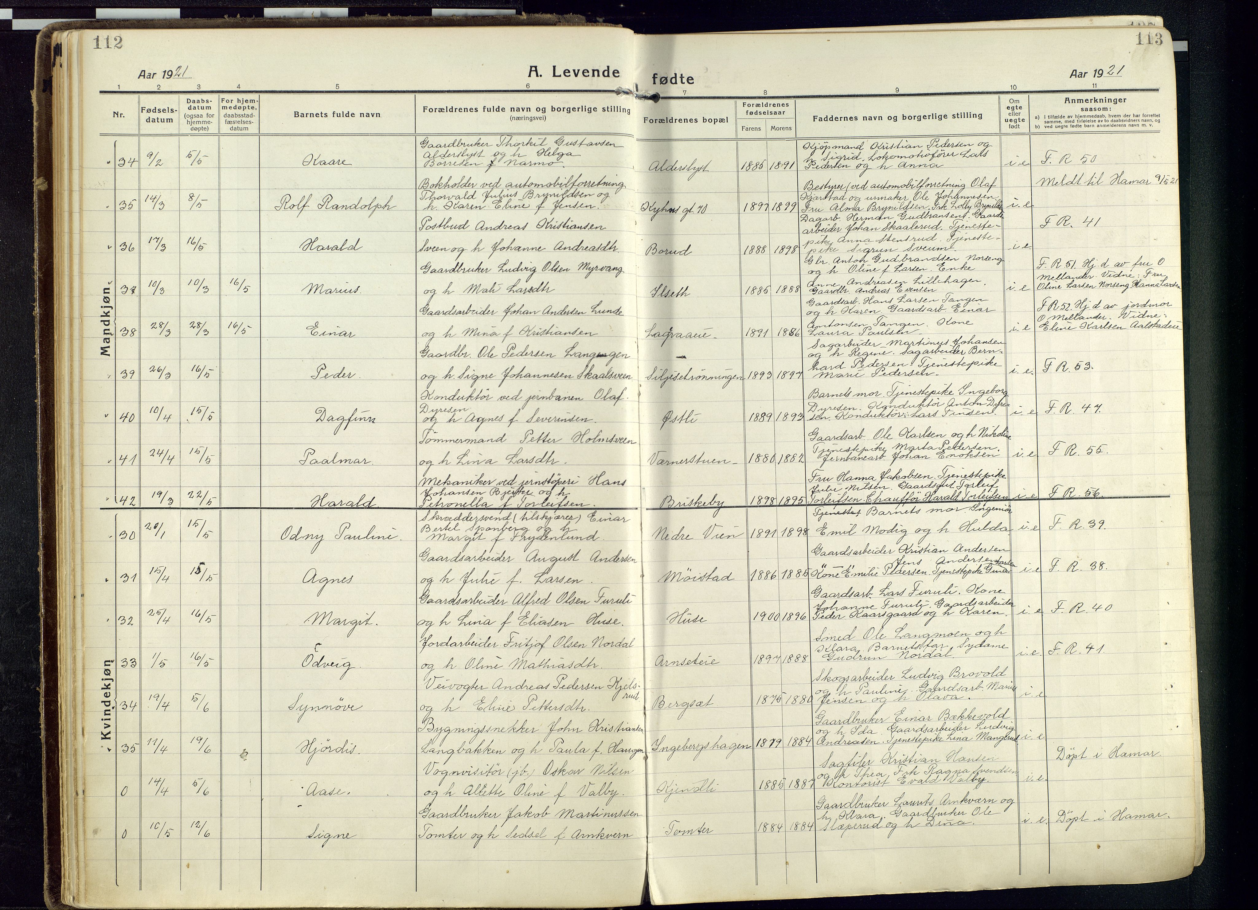 Vang prestekontor, Hedmark, SAH/PREST-008/H/Ha/Haa/L0022: Parish register (official) no. 22, 1918-1944, p. 112-113