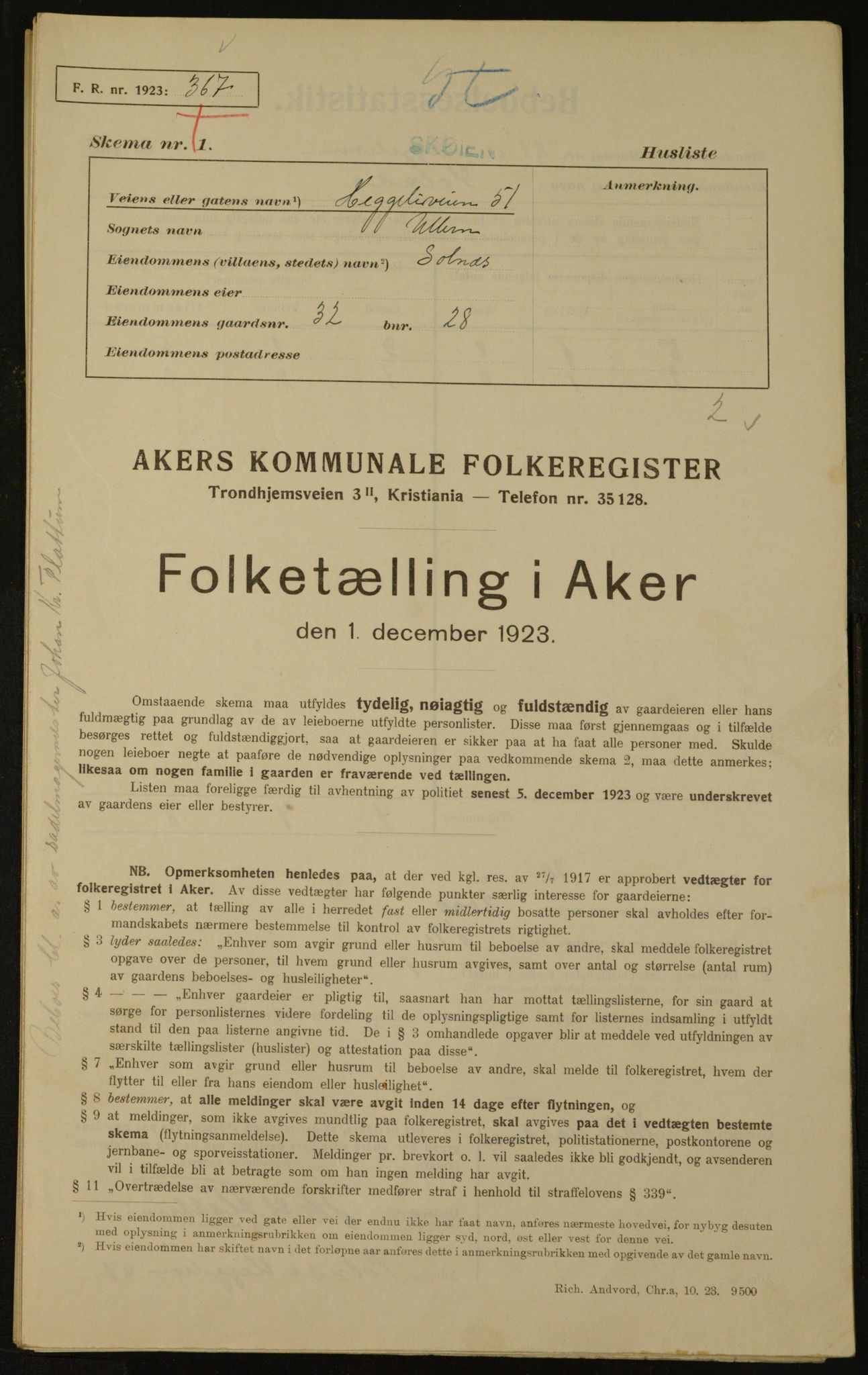 , Municipal Census 1923 for Aker, 1923, p. 2325