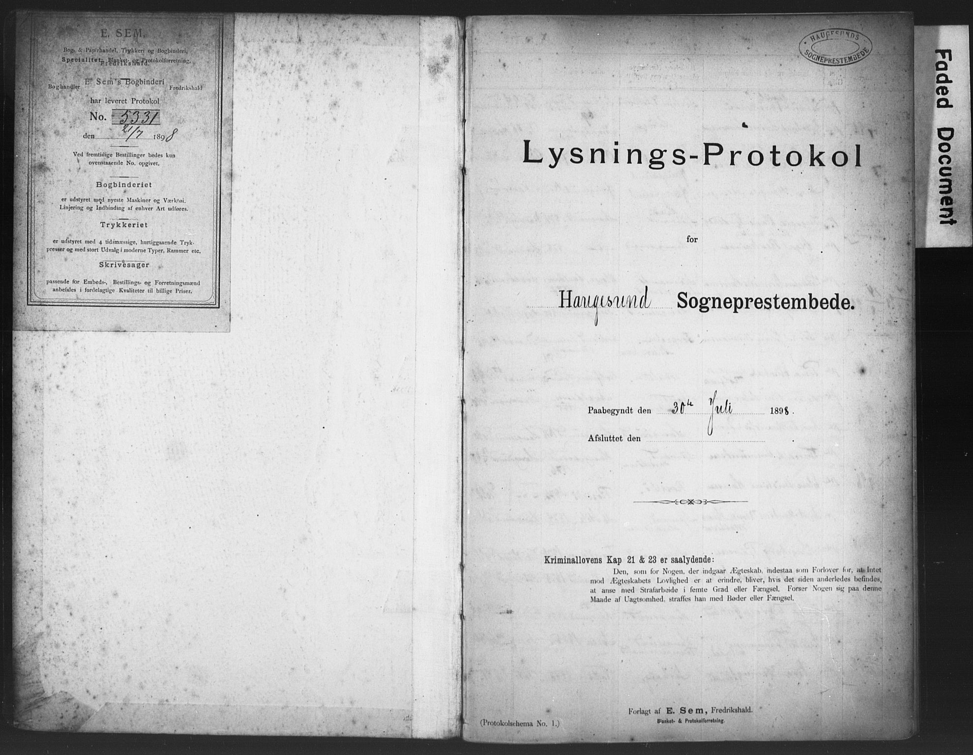 Haugesund sokneprestkontor, SAST/A -101863/I/Ie/L0001: Banns register no. VIII 1, 1898-1908