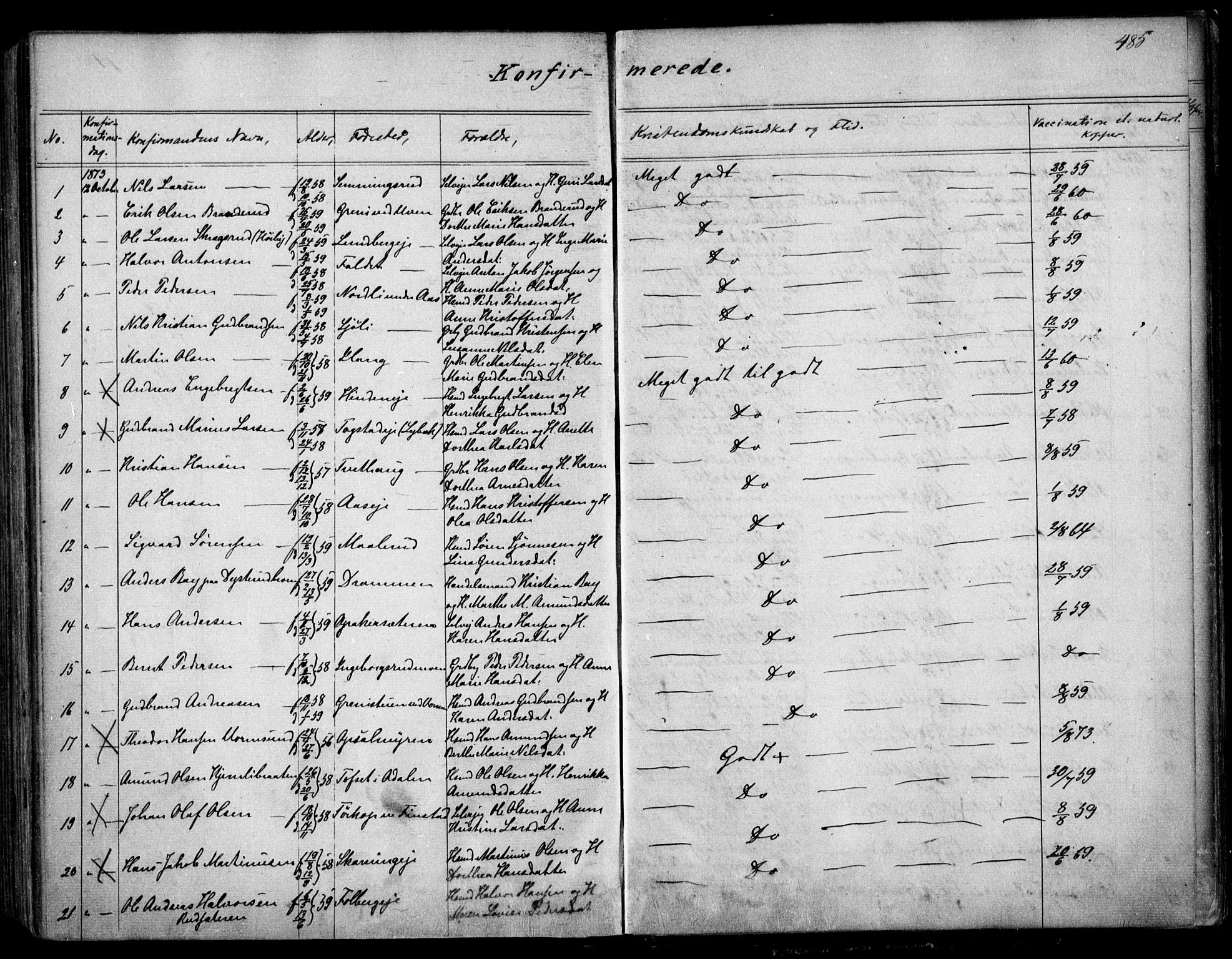 Nes prestekontor Kirkebøker, AV/SAO-A-10410/F/Fa/L0008: Parish register (official) no. I 8, 1859-1874, p. 485