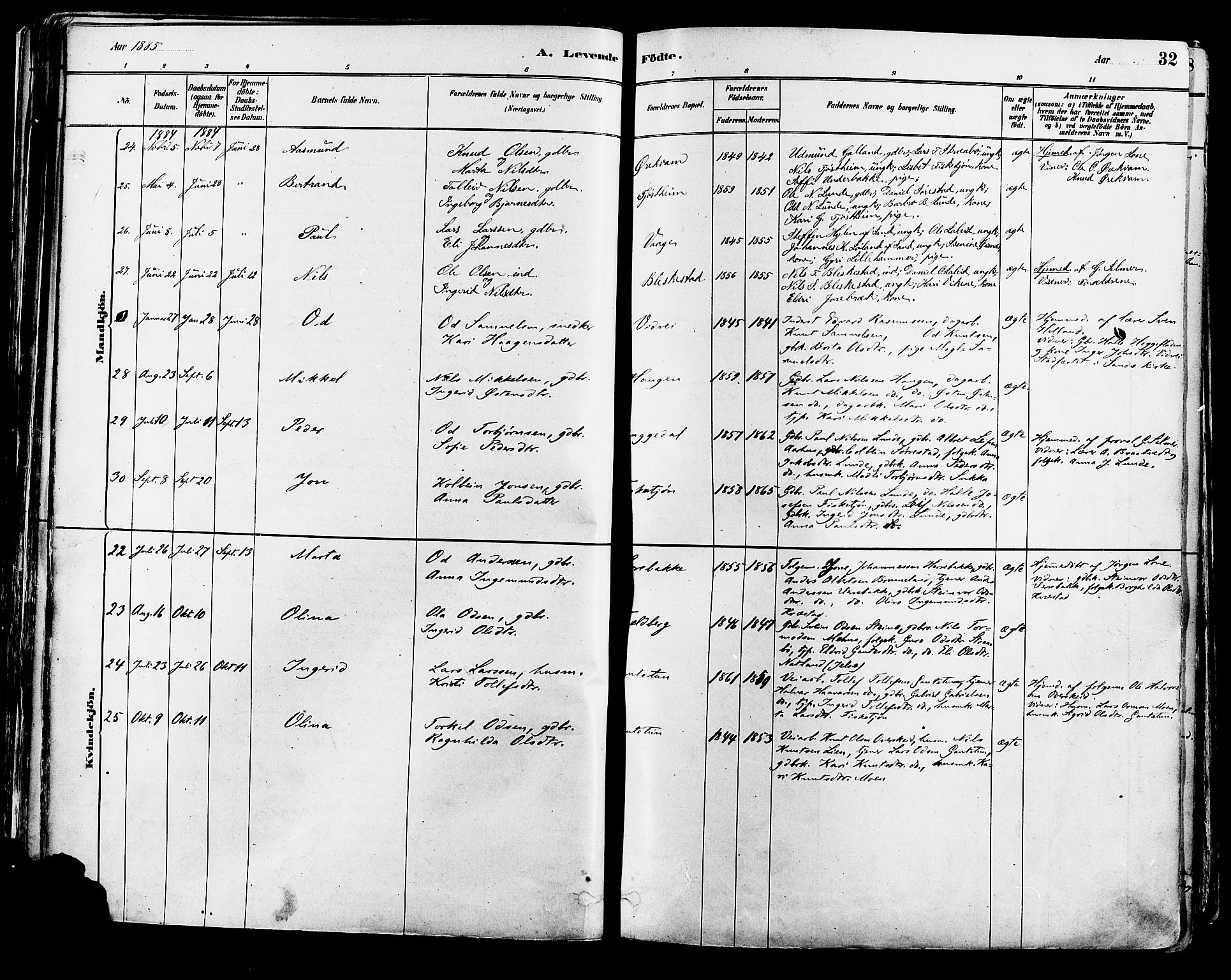 Suldal sokneprestkontor, AV/SAST-A-101845/01/IV/L0011: Parish register (official) no. A 11, 1878-1900, p. 32