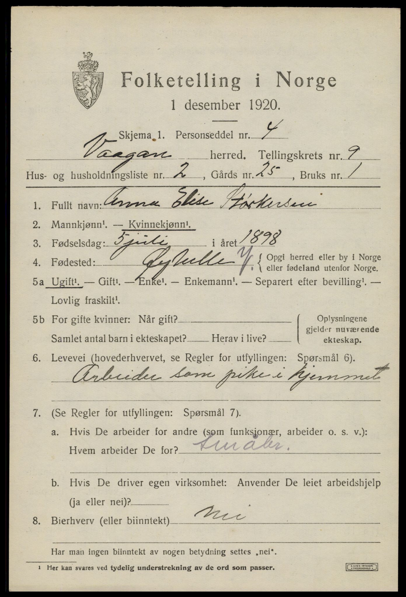 SAT, 1920 census for Vågan, 1920, p. 8117