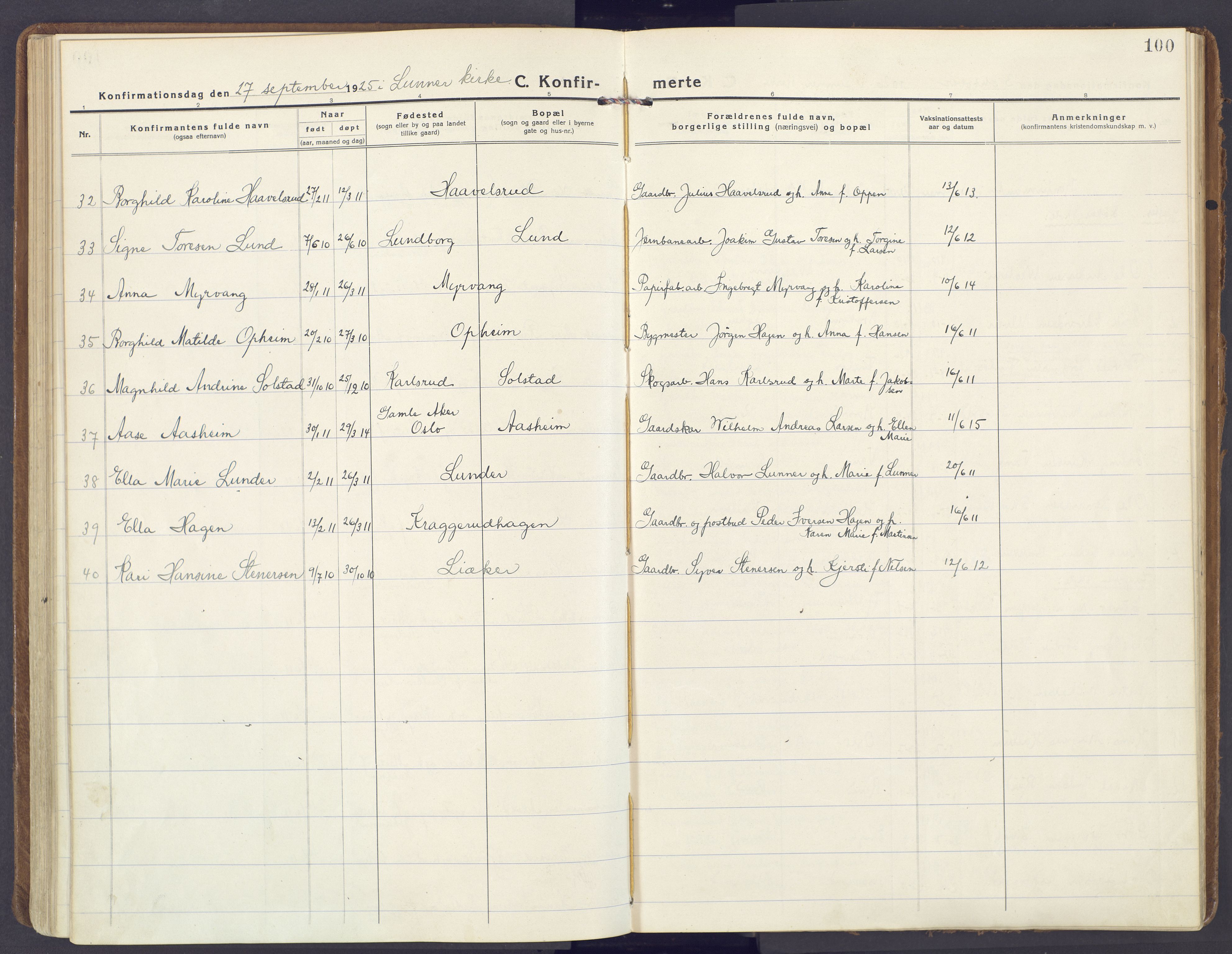 Lunner prestekontor, SAH/PREST-118/H/Ha/Haa/L0002: Parish register (official) no. 2, 1922-1931, p. 100