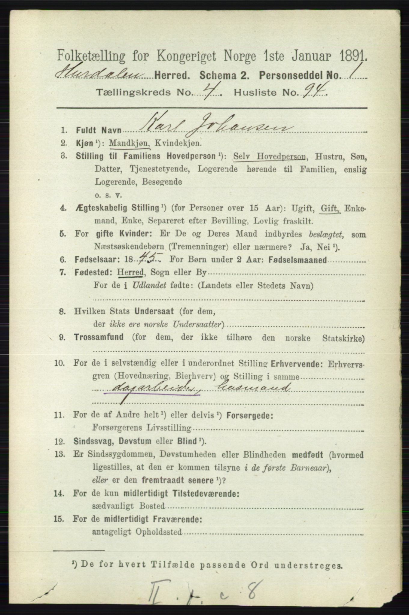 RA, 1891 census for 0239 Hurdal, 1891, p. 1989