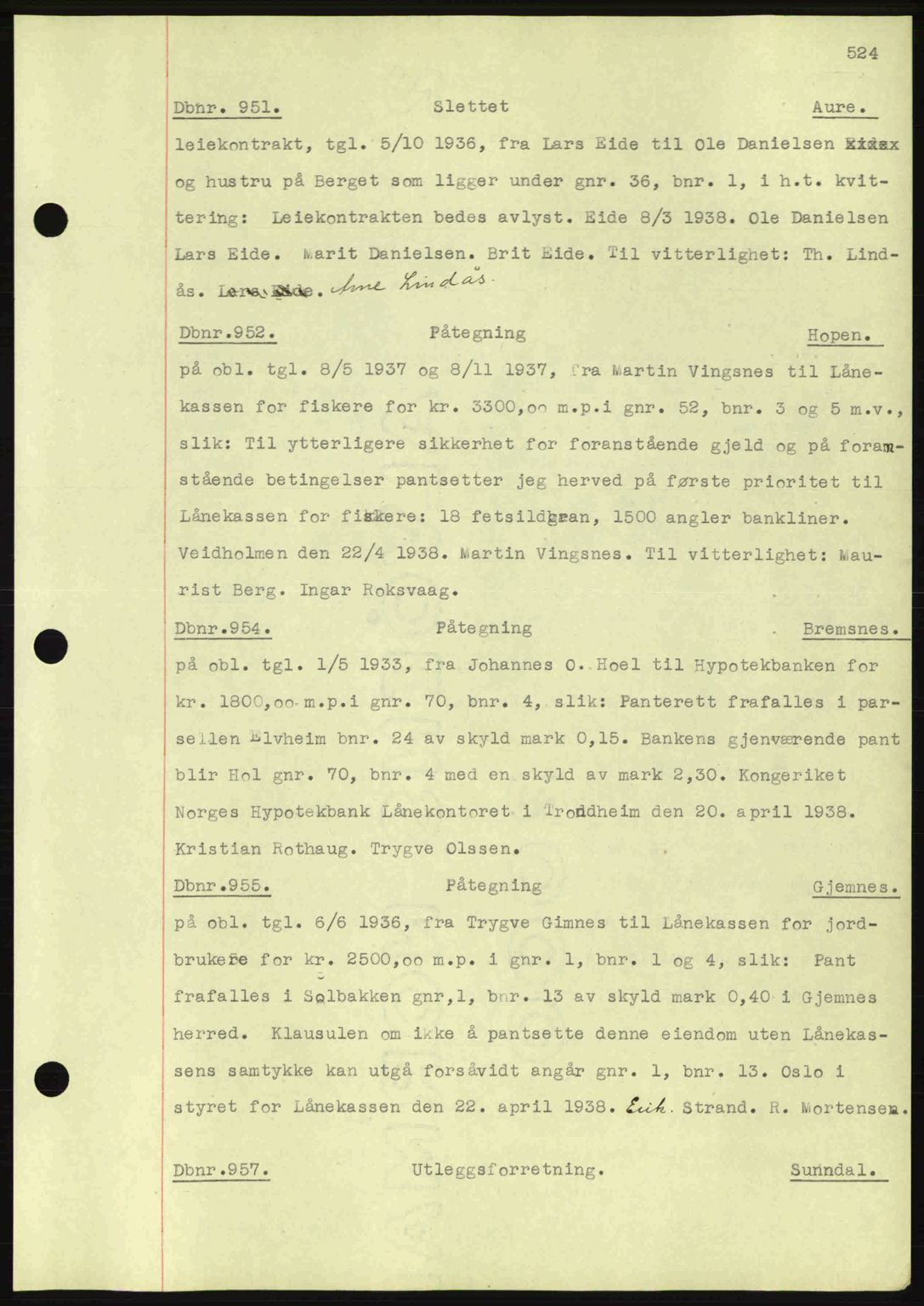 Nordmøre sorenskriveri, AV/SAT-A-4132/1/2/2Ca: Mortgage book no. C80, 1936-1939, Diary no: : 951/1938