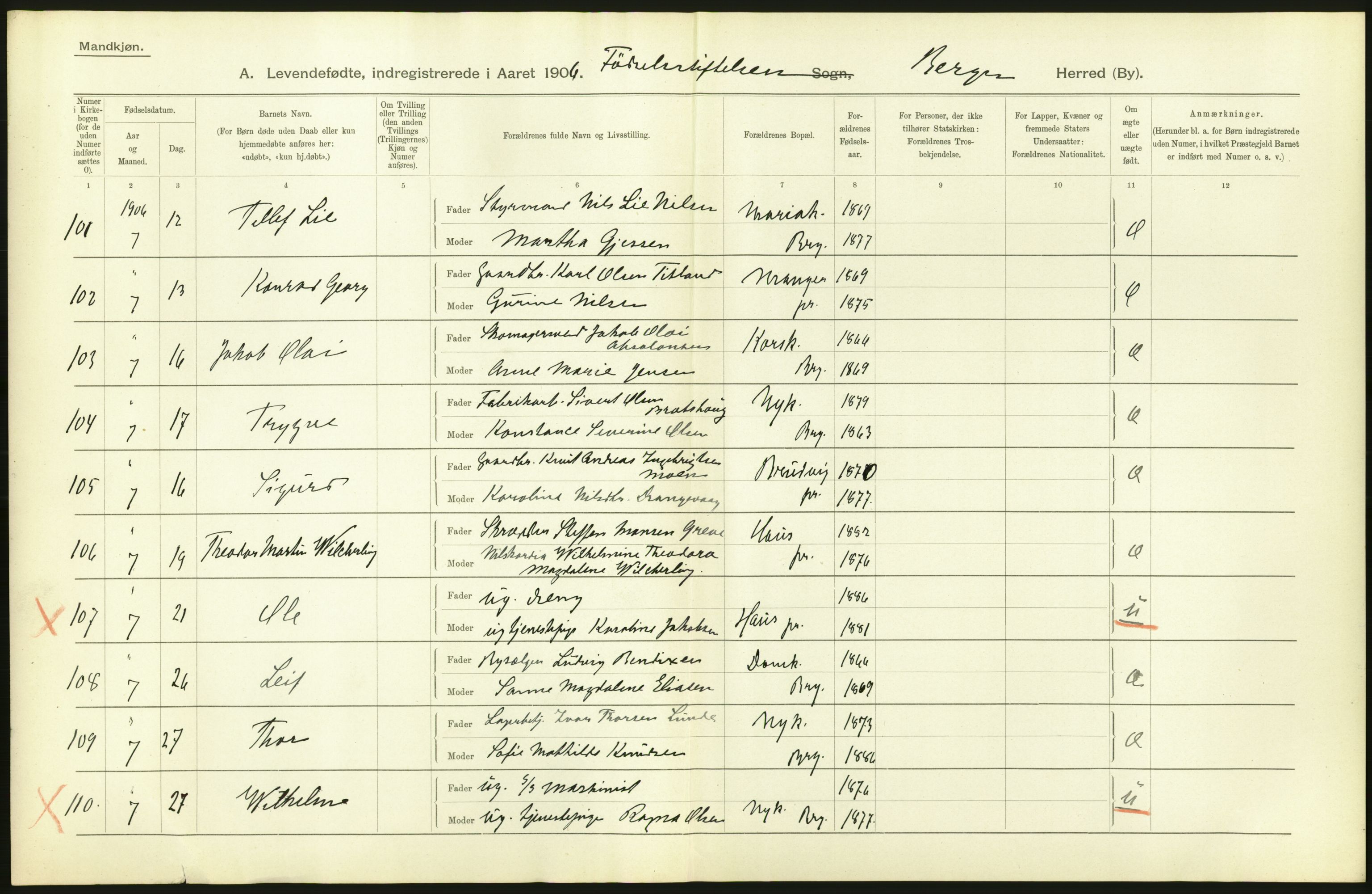Statistisk sentralbyrå, Sosiodemografiske emner, Befolkning, AV/RA-S-2228/D/Df/Dfa/Dfad/L0031: Bergen: Levendefødte menn og kvinner., 1906, p. 16