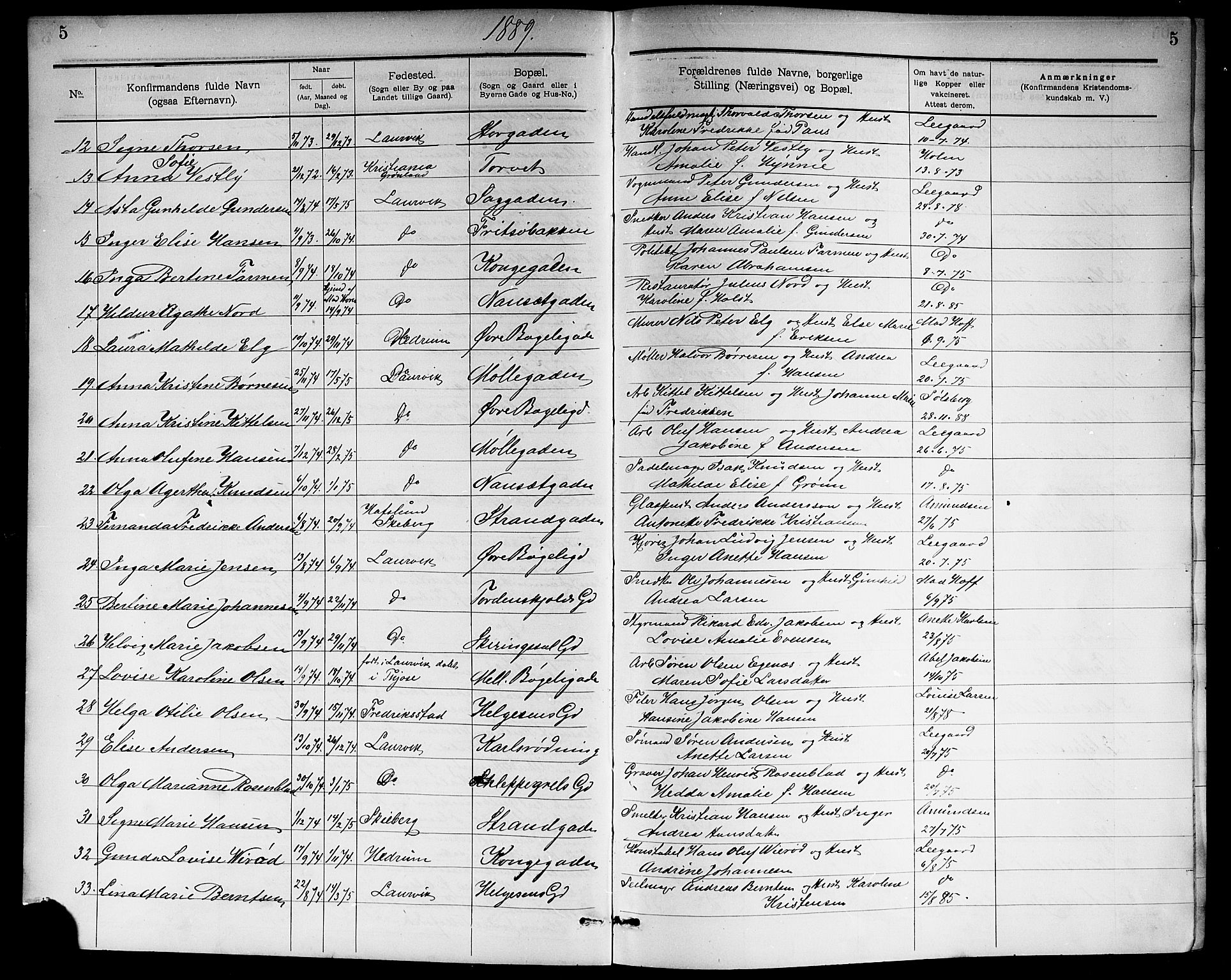 Larvik kirkebøker, AV/SAKO-A-352/G/Ga/L0006: Parish register (copy) no. I 6, 1888-1917, p. 5