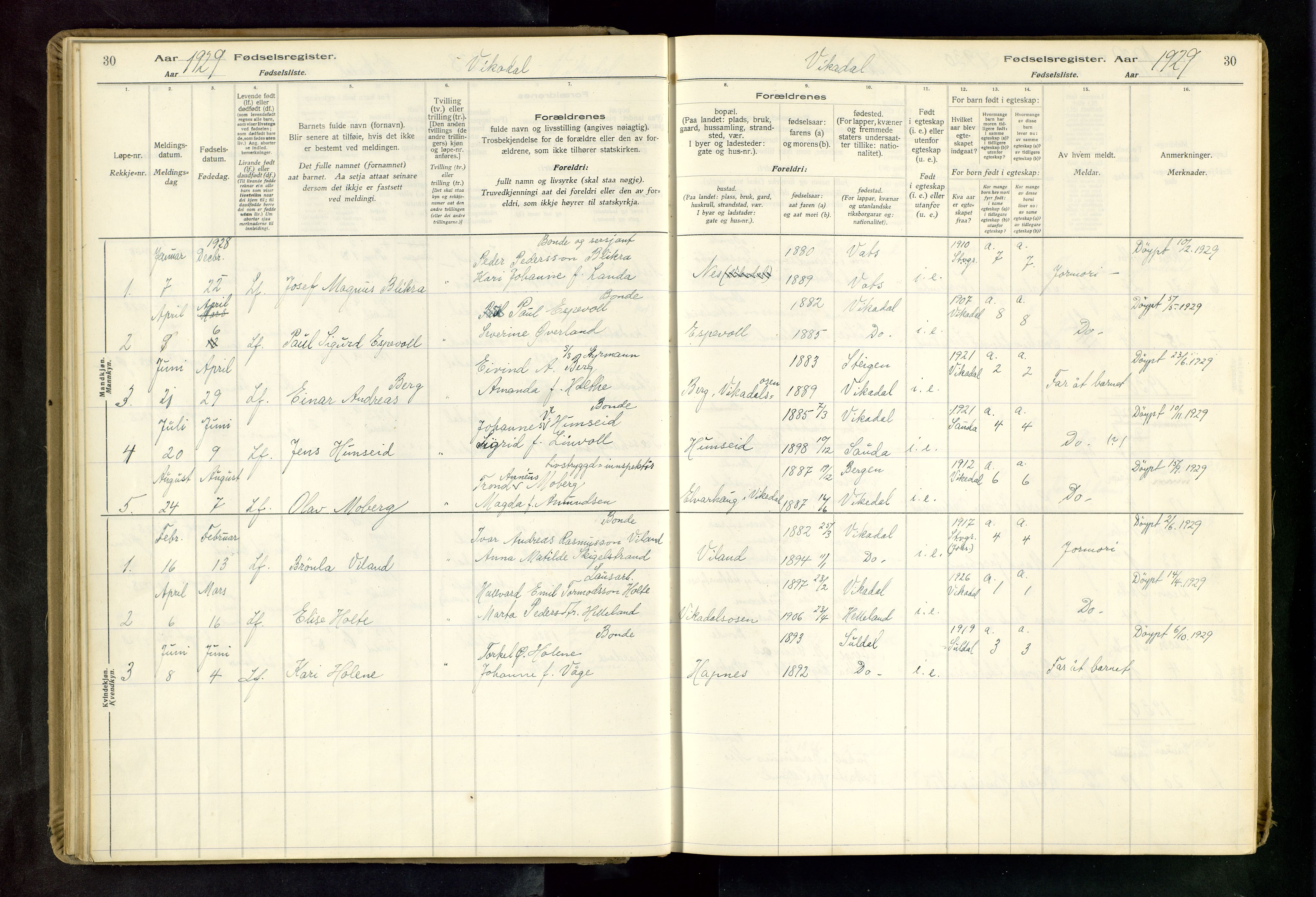 Vikedal sokneprestkontor, AV/SAST-A-101840/01/II: Birth register no. 3, 1916-1982, p. 30