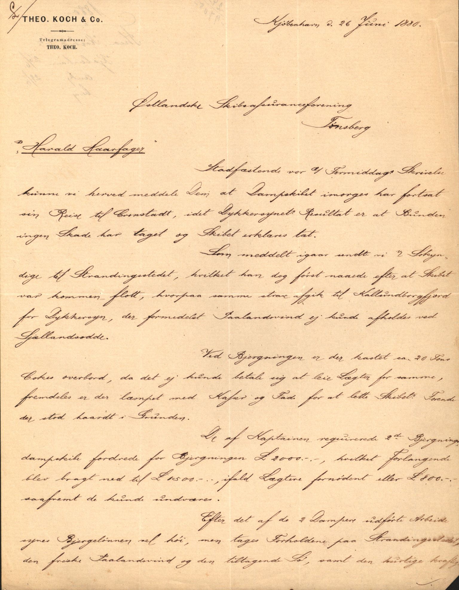 Pa 63 - Østlandske skibsassuranceforening, VEMU/A-1079/G/Ga/L0012/0008: Havaridokumenter / Harald Haarfager, 1880