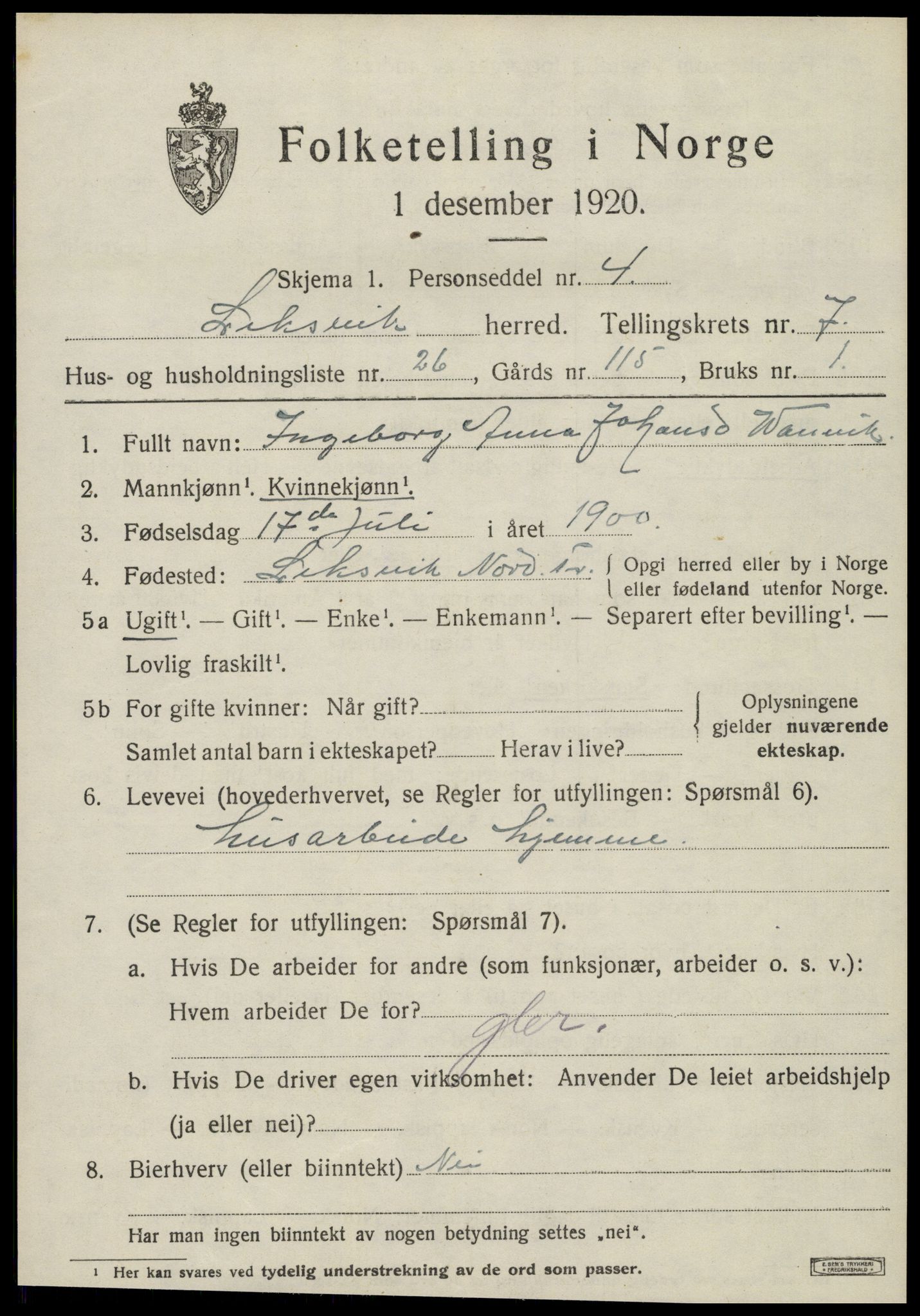 SAT, 1920 census for Leksvik, 1920, p. 6376