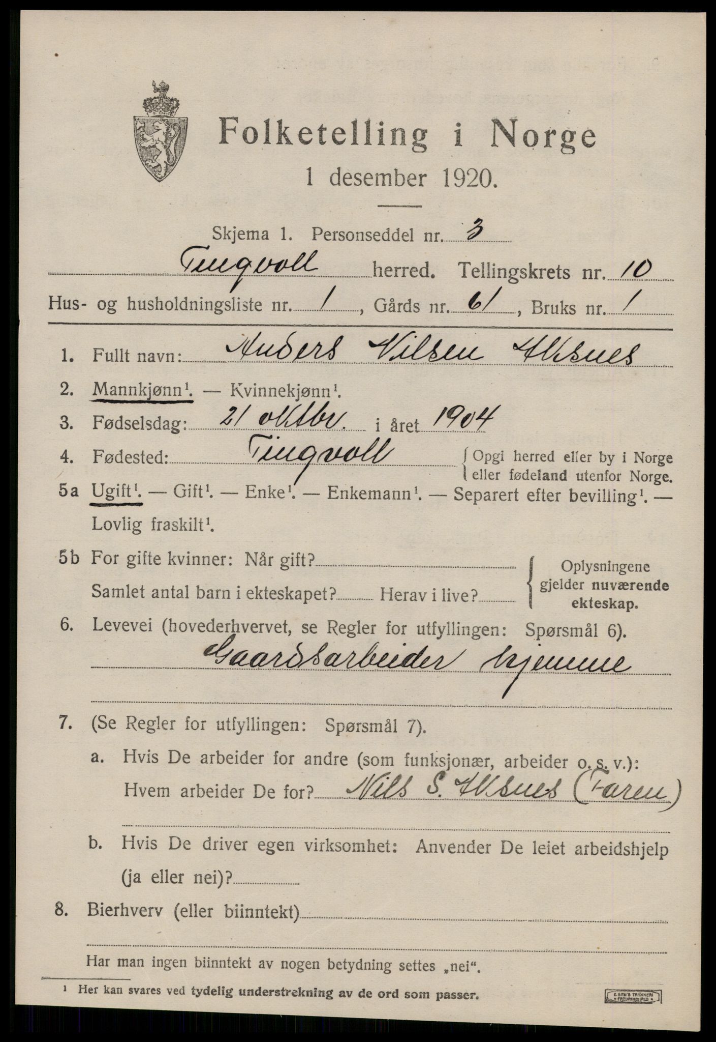 SAT, 1920 census for Tingvoll, 1920, p. 5242