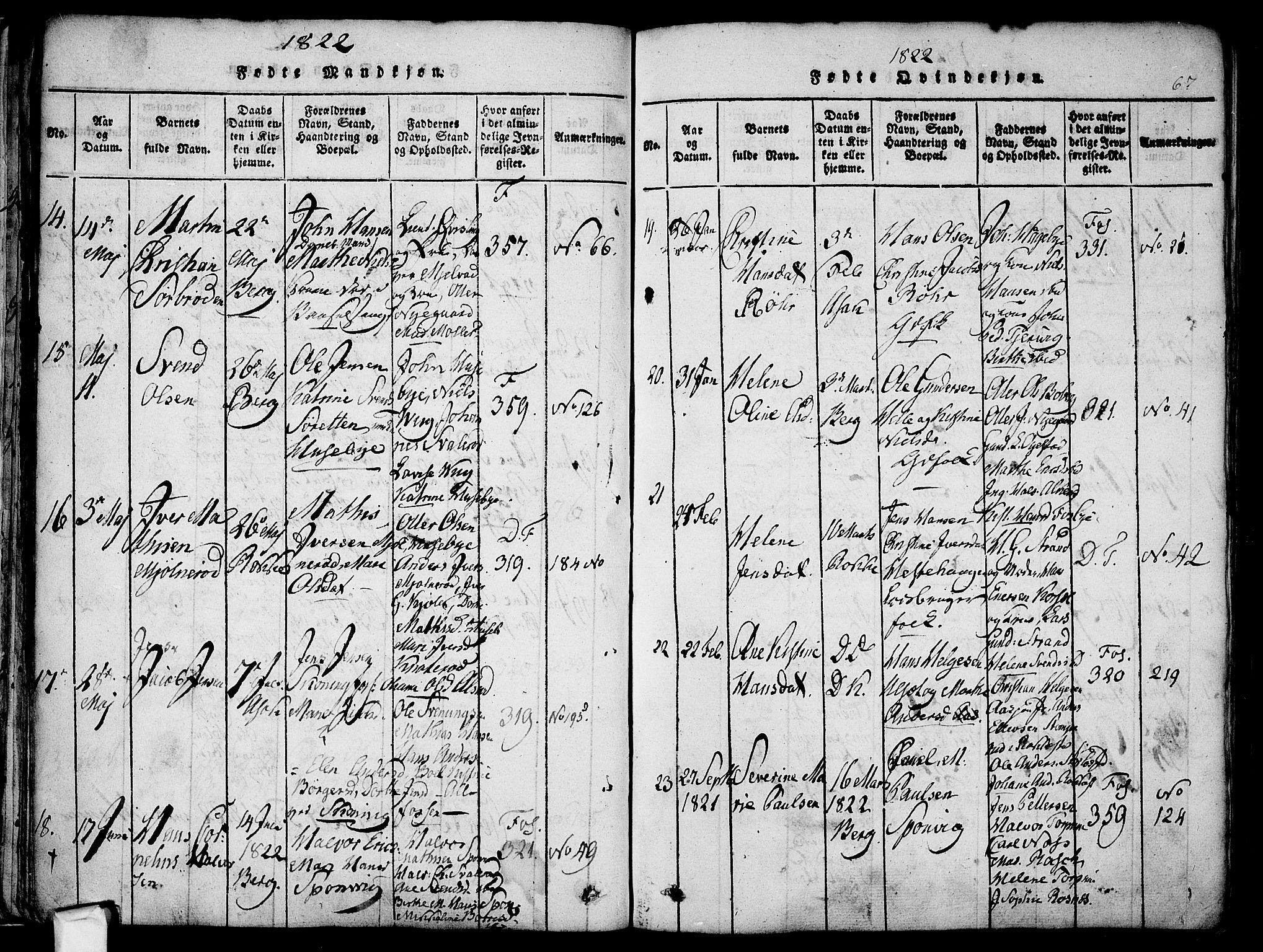 Berg prestekontor Kirkebøker, AV/SAO-A-10902/F/Fa/L0002: Parish register (official) no. I 2, 1815-1831, p. 67