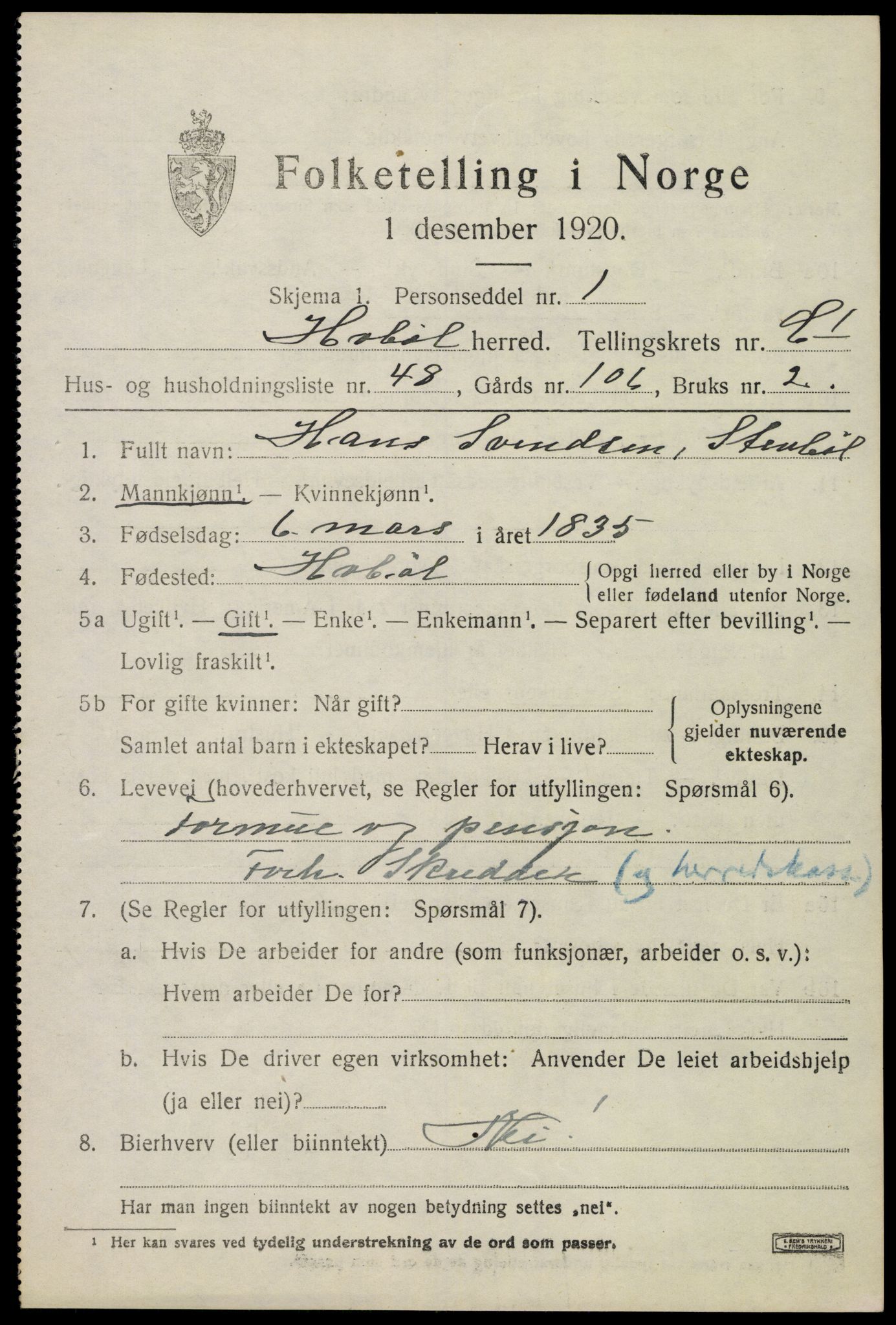 SAO, 1920 census for Hobøl, 1920, p. 2438