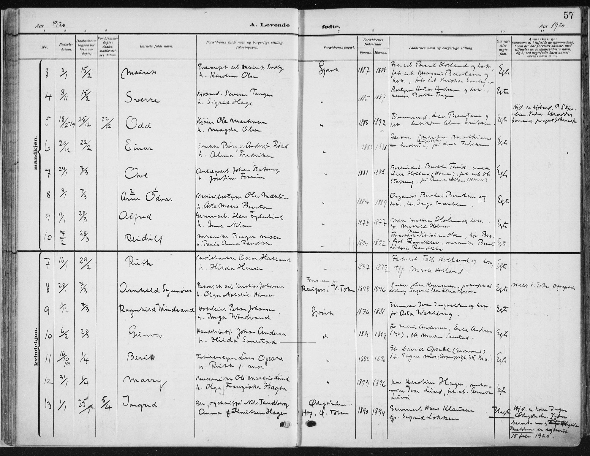 Vardal prestekontor, SAH/PREST-100/H/Ha/Haa/L0014: Parish register (official) no. 14, 1912-1922, p. 57