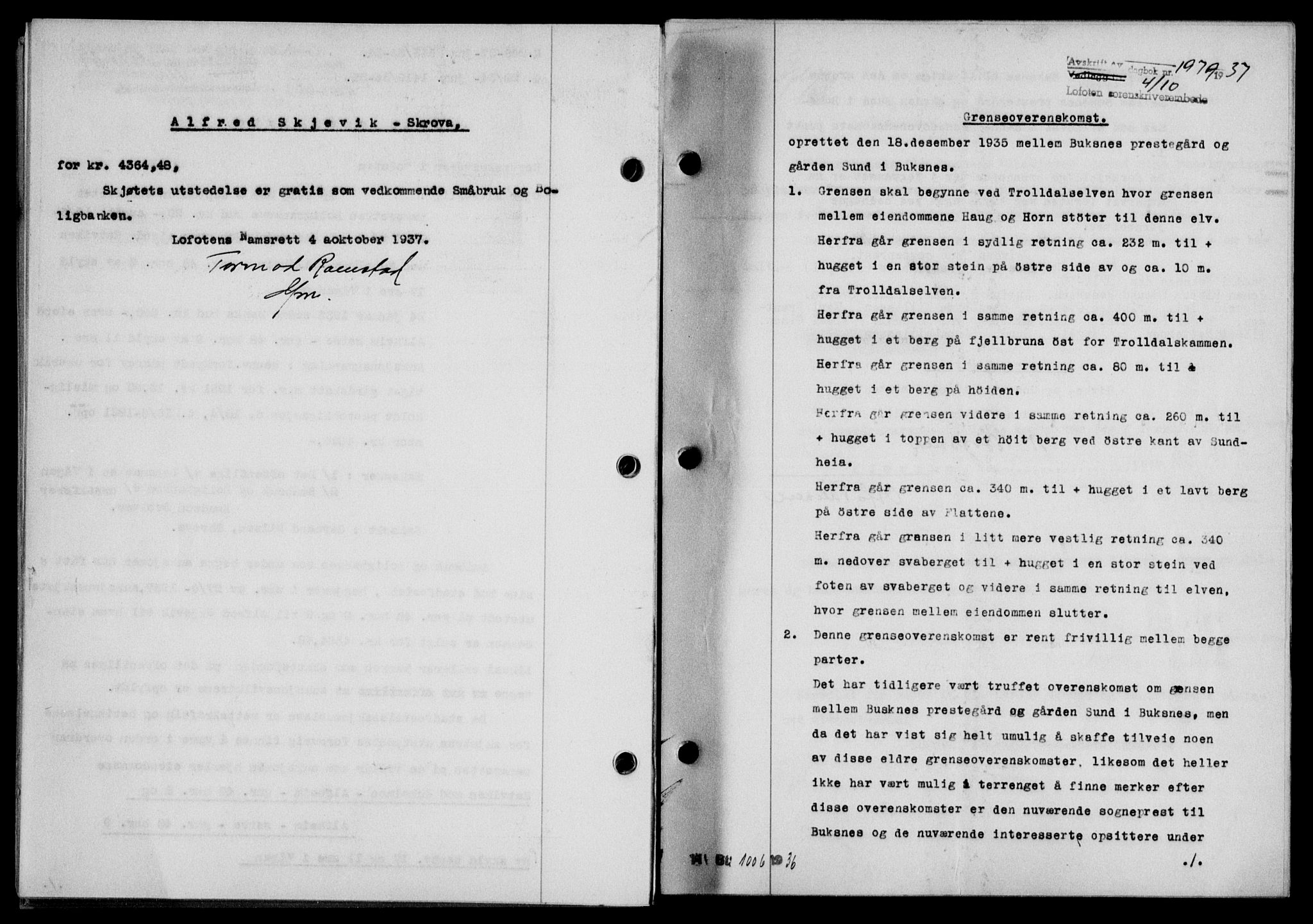 Lofoten sorenskriveri, SAT/A-0017/1/2/2C/L0003a: Mortgage book no. 3a, 1937-1938, Diary no: : 1979/1937