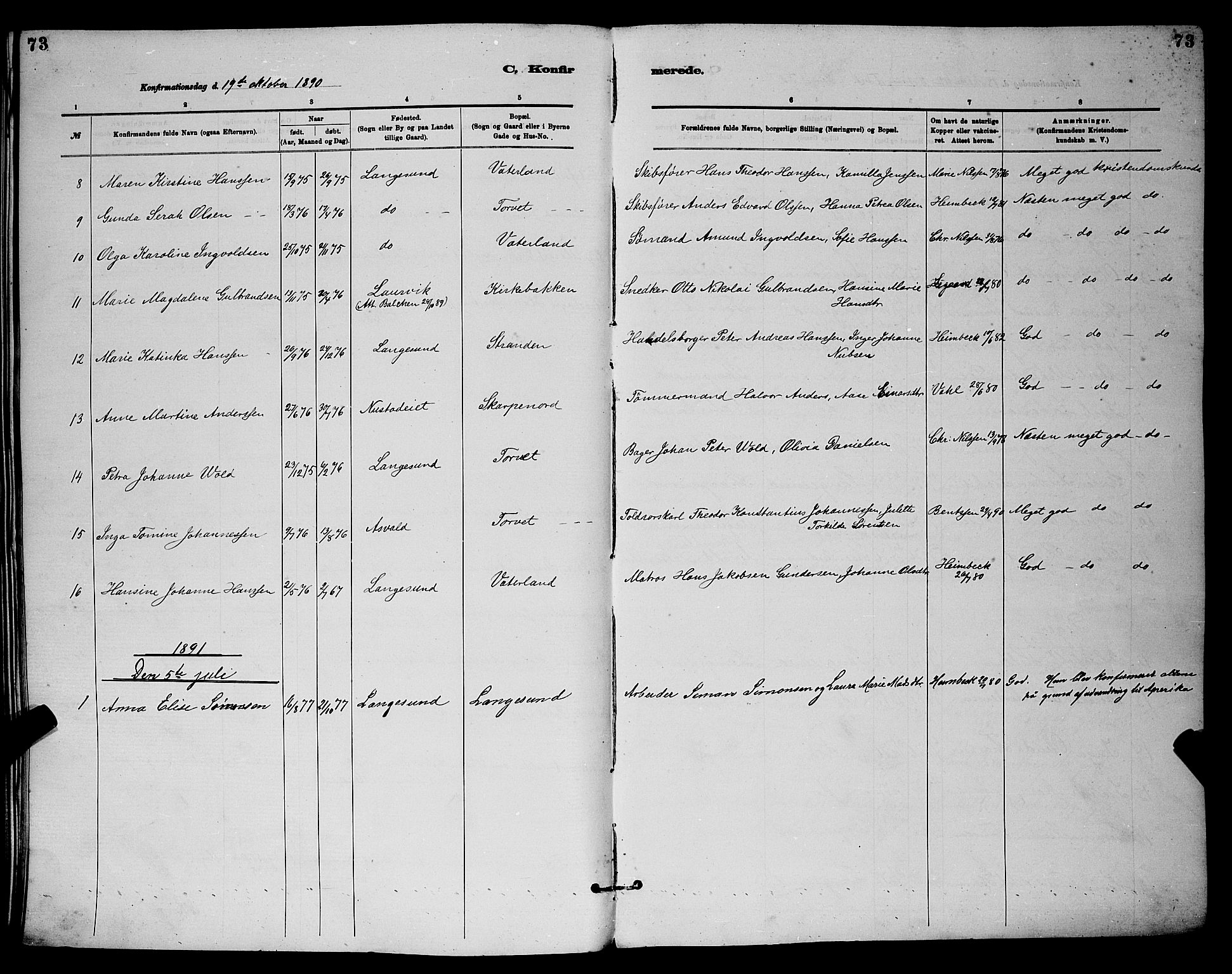 Langesund kirkebøker, SAKO/A-280/G/Ga/L0005: Parish register (copy) no. 5, 1884-1898, p. 73