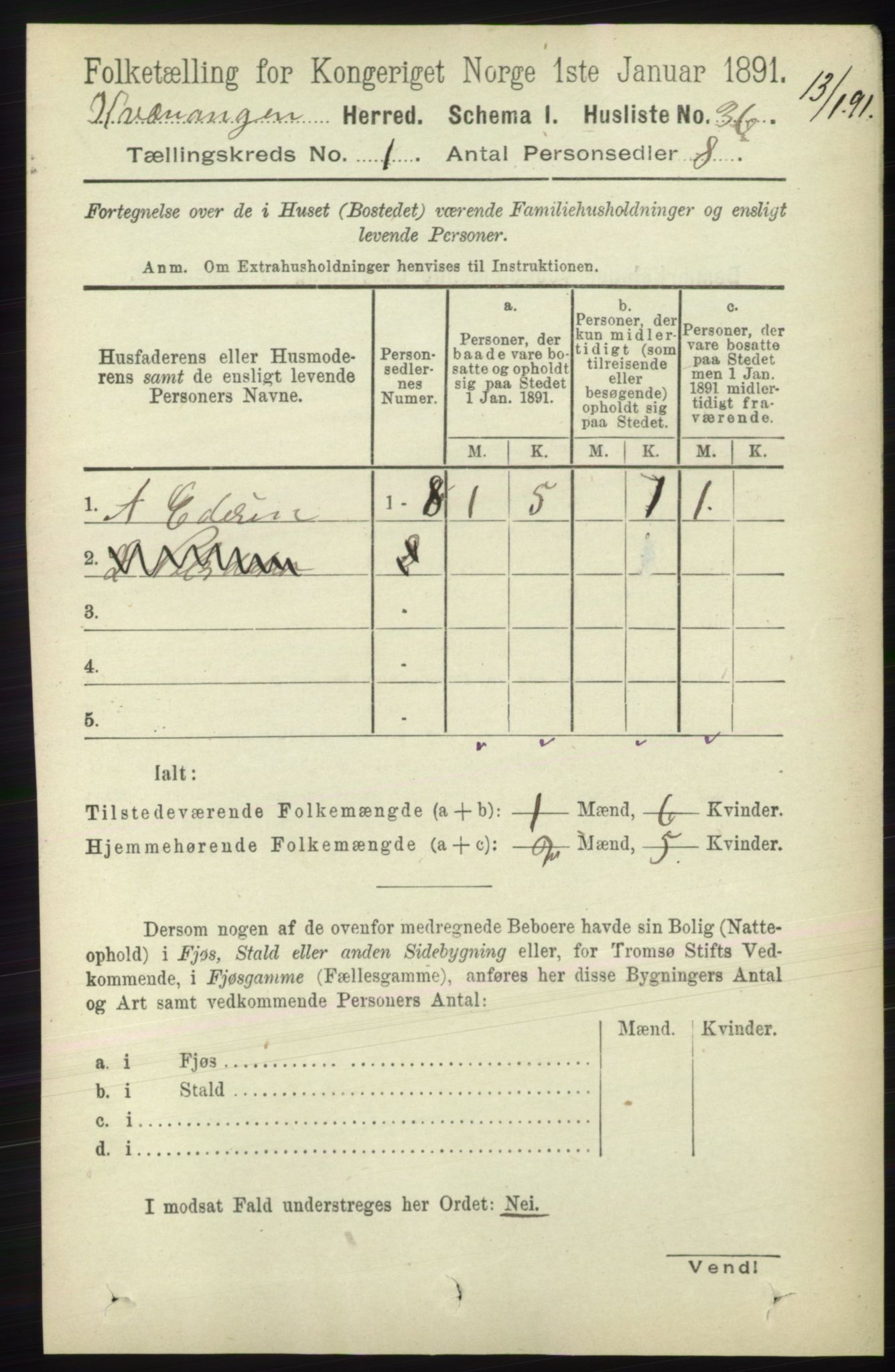 RA, 1891 census for 1943 Kvænangen, 1891, p. 50