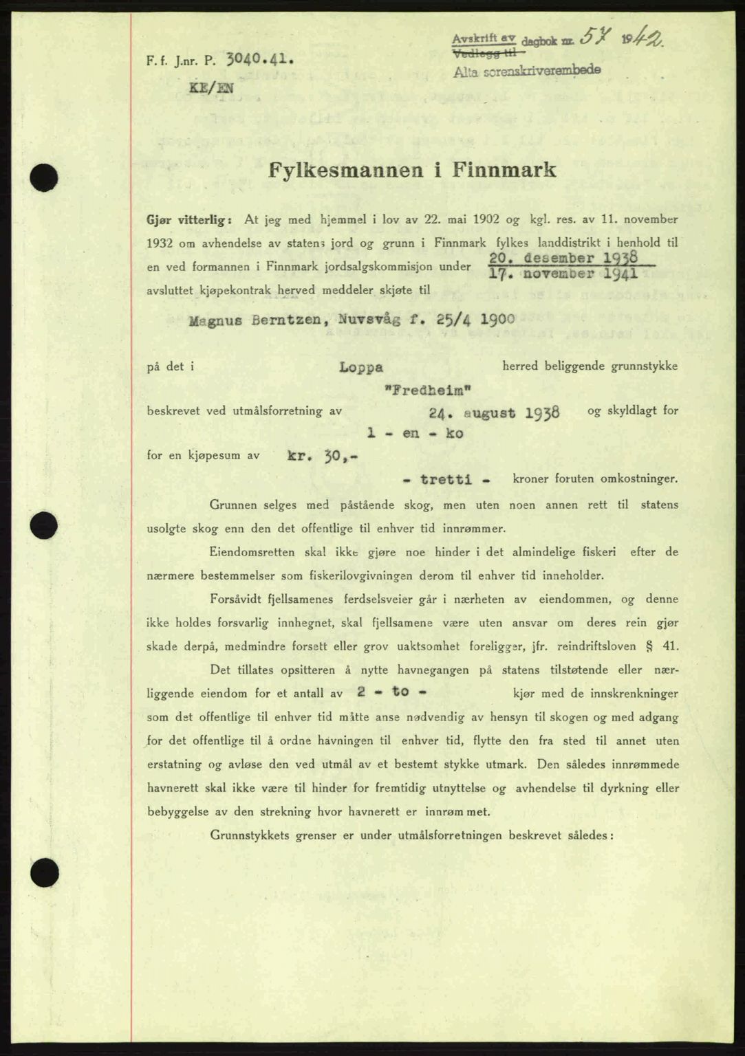 Alta fogderi/sorenskriveri, SATØ/SATØ-5/1/K/Kd/L0033pantebok: Mortgage book no. 33, 1940-1943, Diary no: : 57/1942