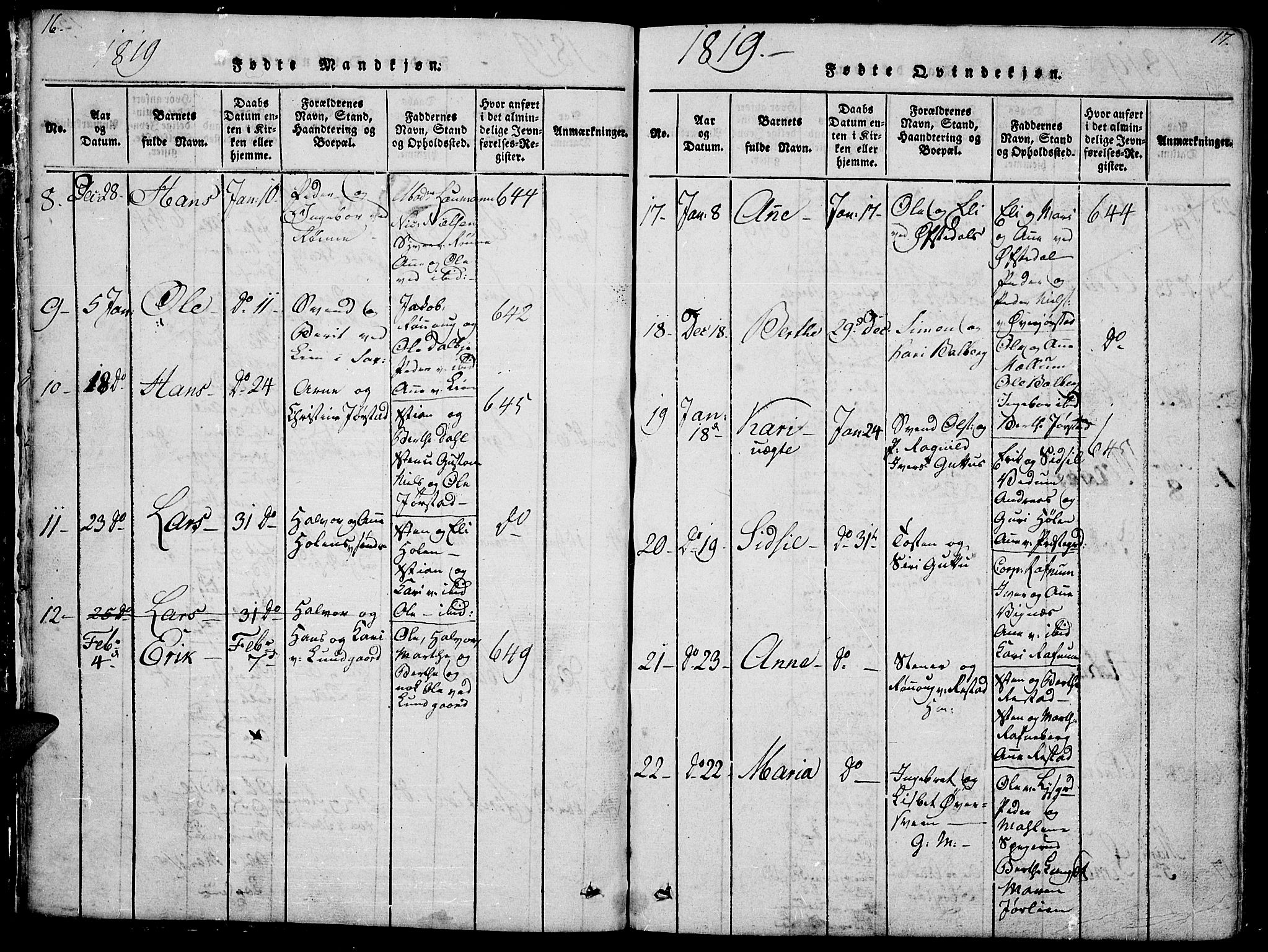 Fåberg prestekontor, SAH/PREST-086/H/Ha/Hab/L0004: Parish register (copy) no. 4, 1818-1837, p. 16-17