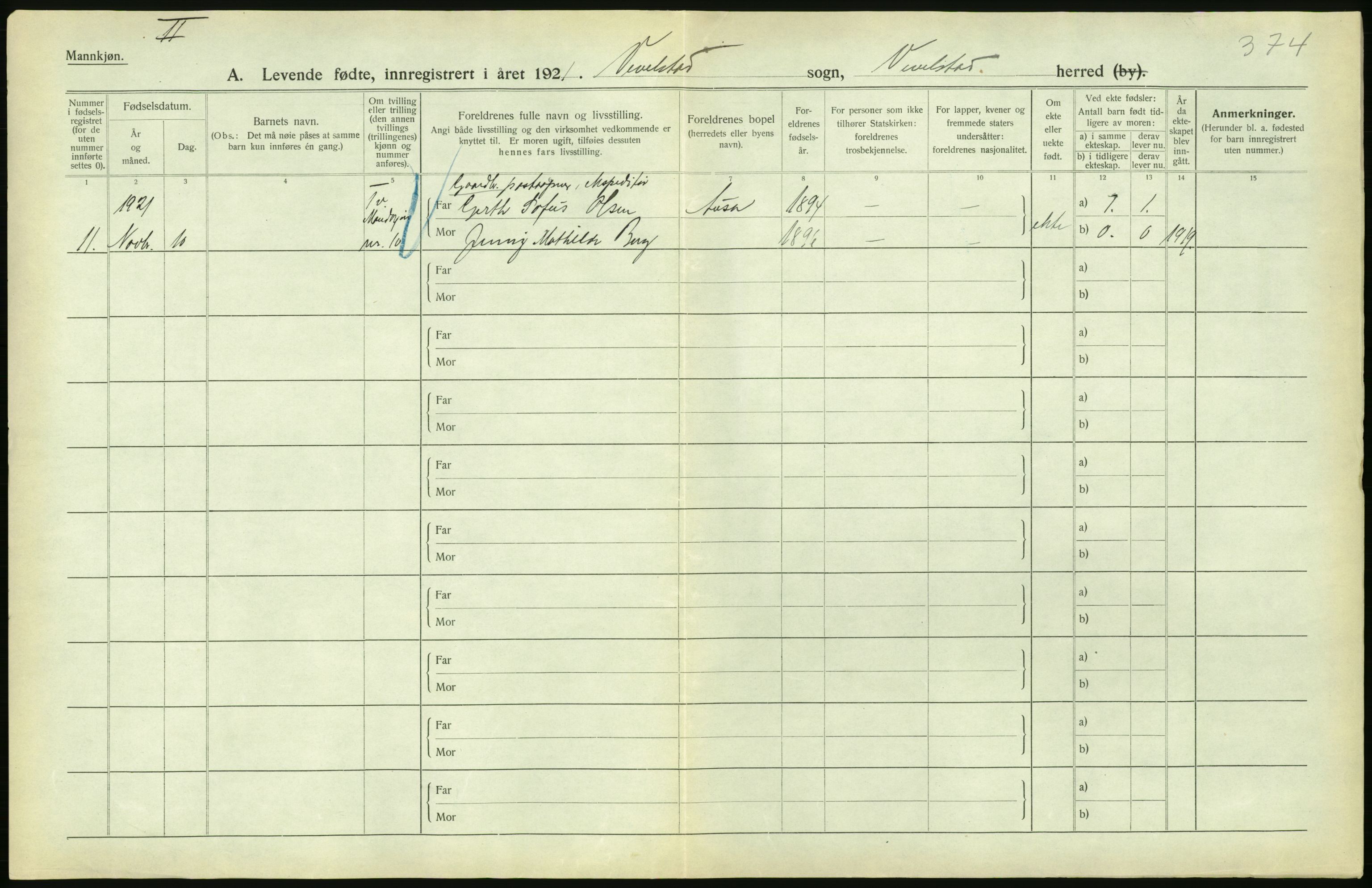 Statistisk sentralbyrå, Sosiodemografiske emner, Befolkning, AV/RA-S-2228/D/Df/Dfc/Dfca/L0049: Nordland fylke: Levendefødte menn og kvinner. Bygder., 1921, p. 498