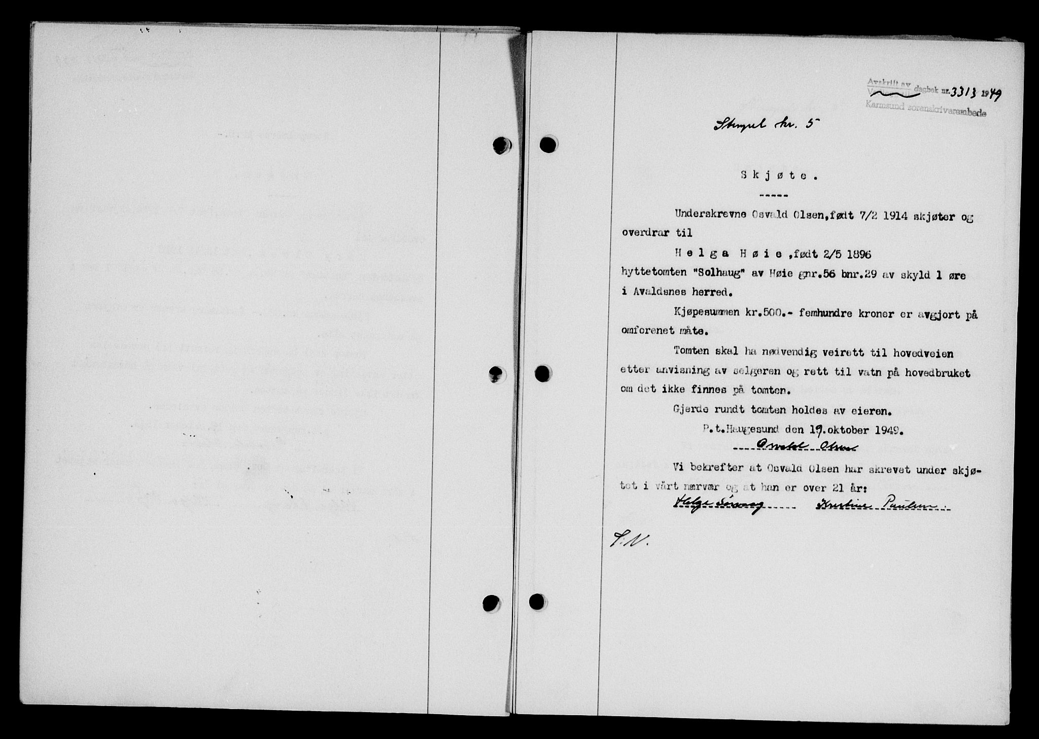 Karmsund sorenskriveri, SAST/A-100311/01/II/IIB/L0098: Mortgage book no. 78A, 1949-1950, Diary no: : 3313/1949