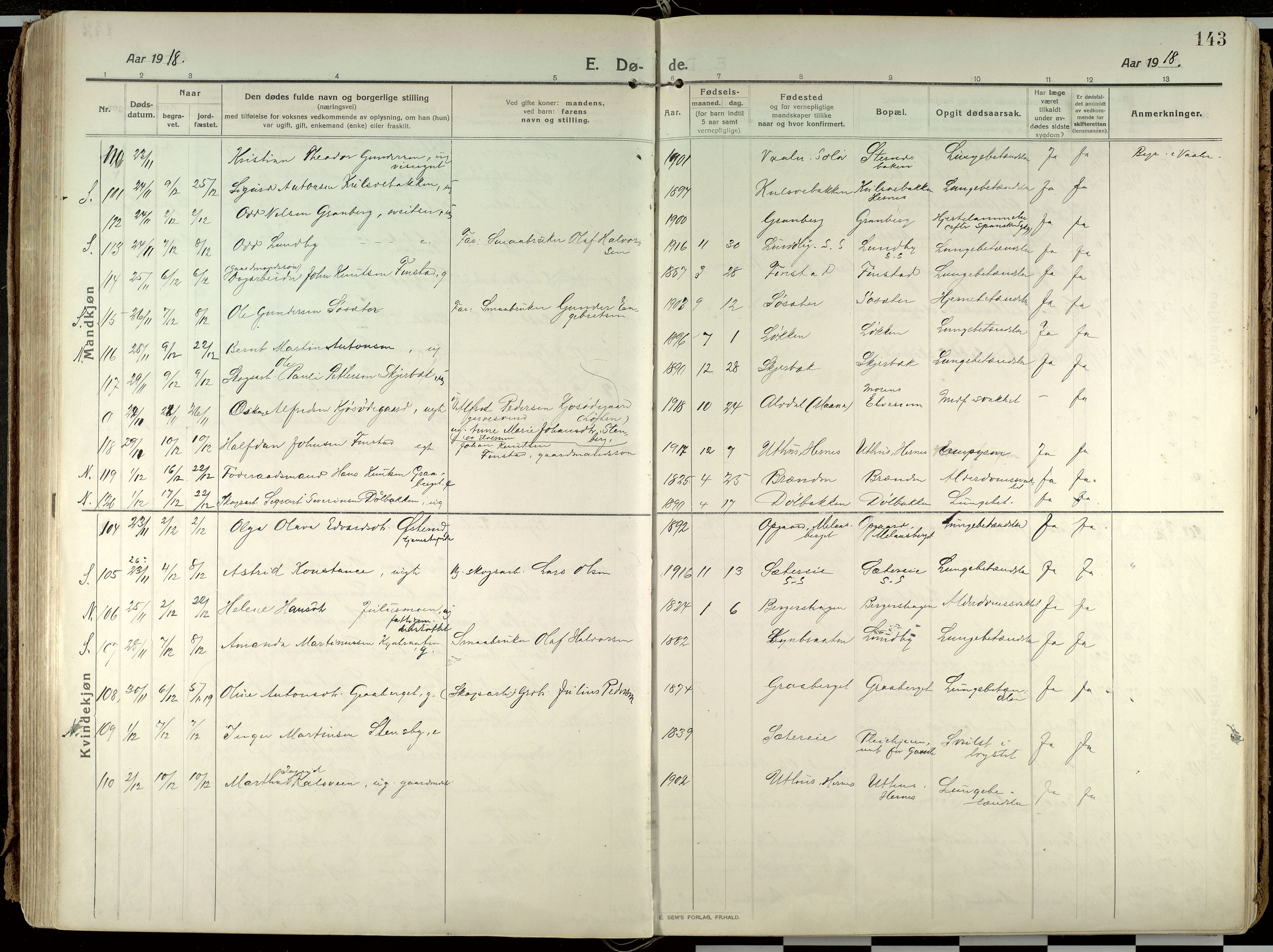 Elverum prestekontor, AV/SAH-PREST-044/H/Ha/Haa/L0021: Parish register (official) no. 21, 1913-1928, p. 143