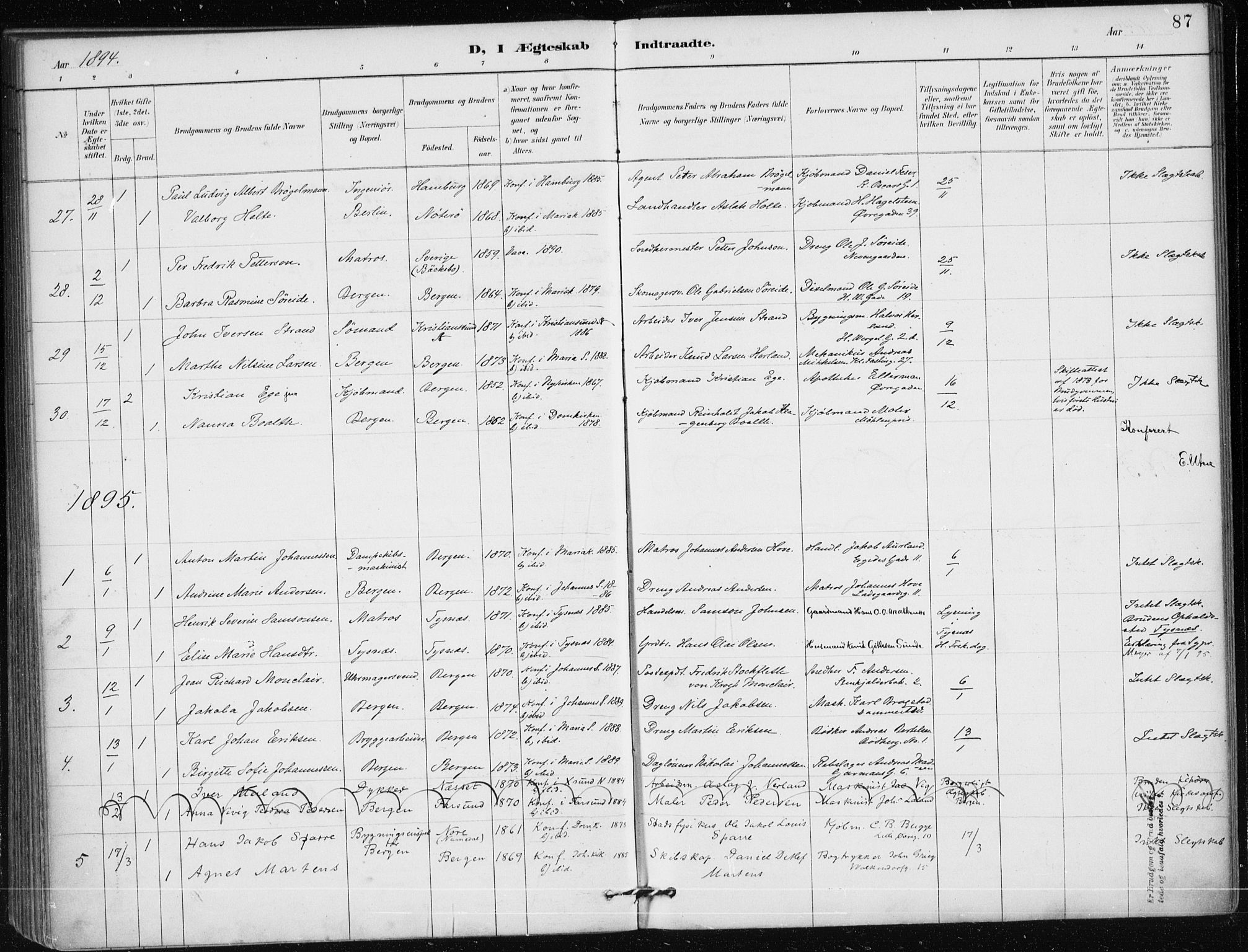Mariakirken Sokneprestembete, SAB/A-76901/H/Haa/L0013: Parish register (official) no. C 1, 1889-1900, p. 87