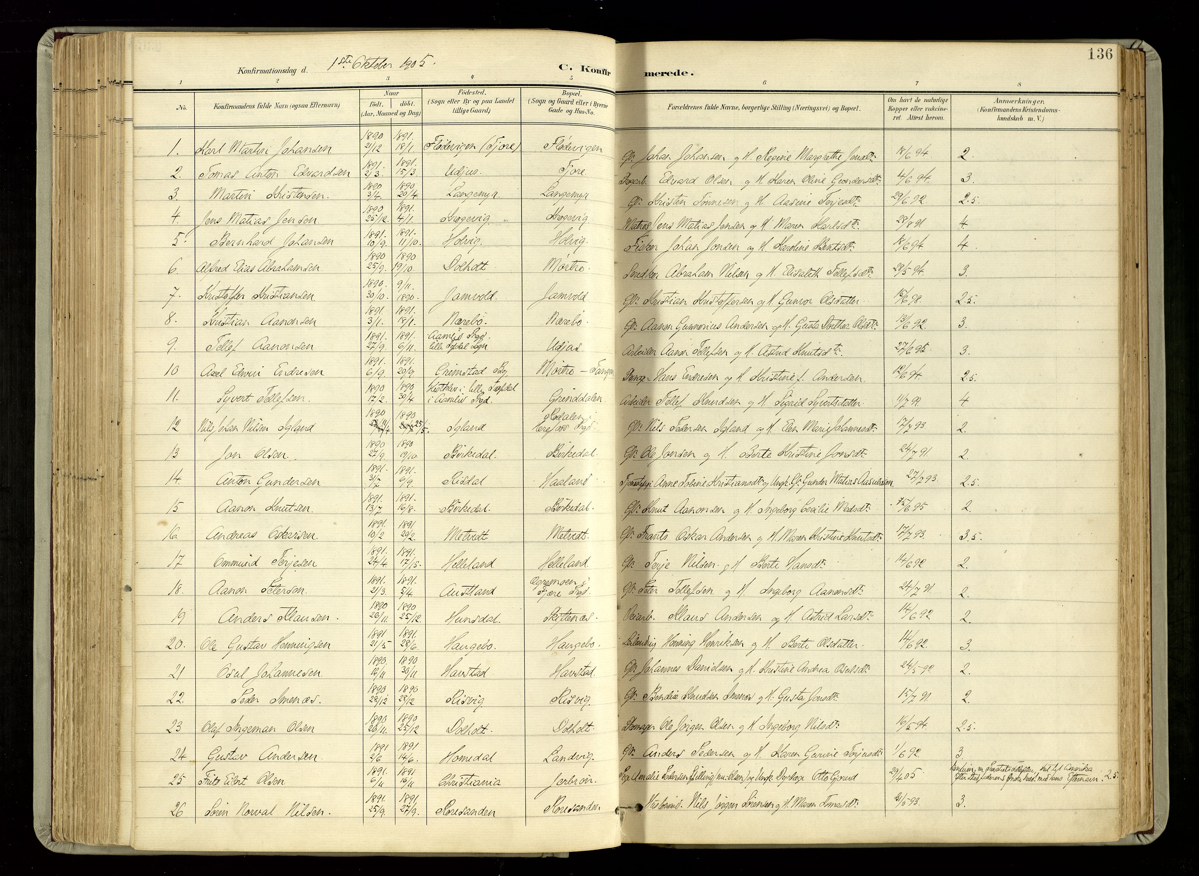 Hommedal sokneprestkontor, SAK/1111-0023/F/Fa/Fab/L0007: Parish register (official) no. A 7, 1898-1924, p. 136