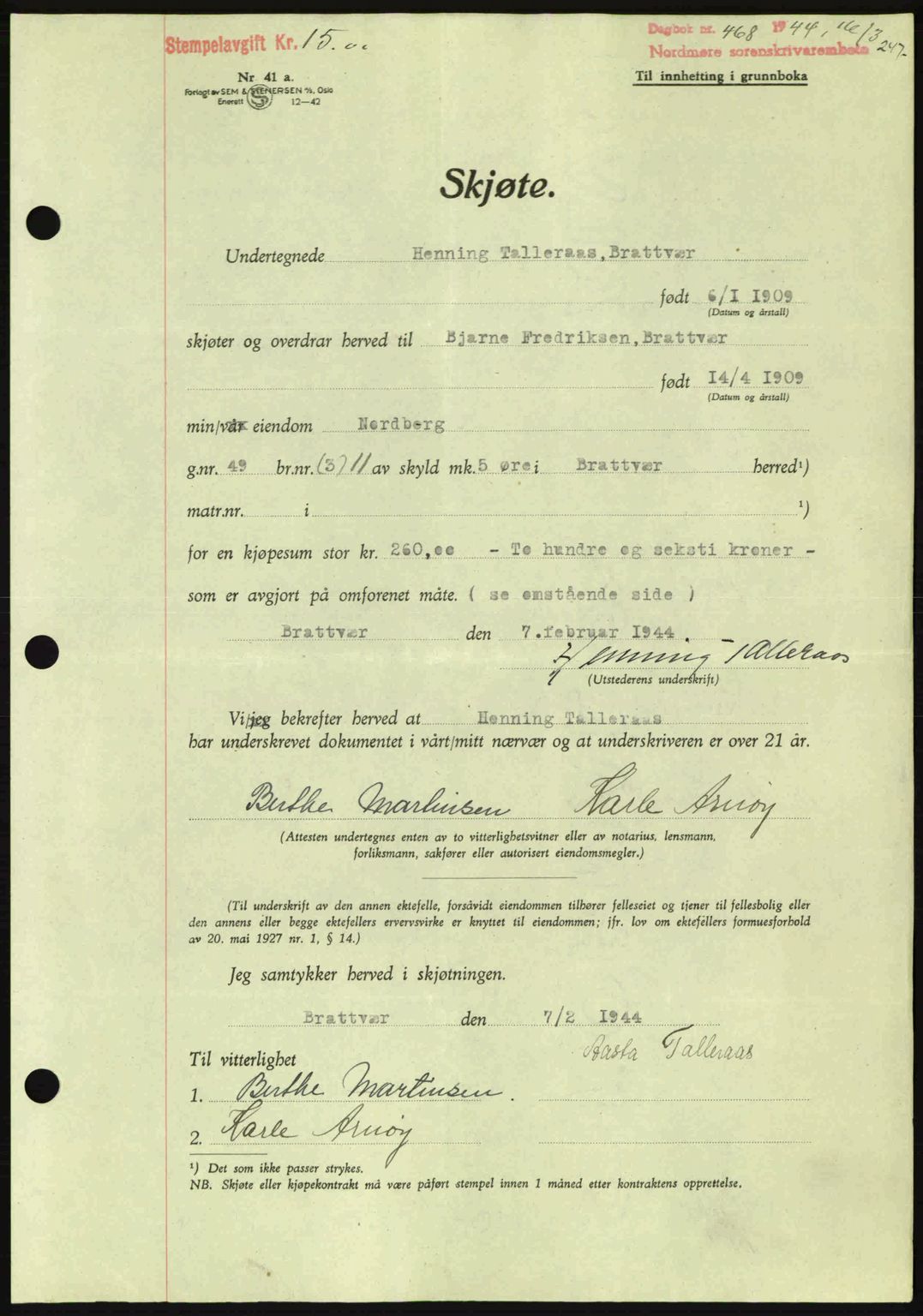 Nordmøre sorenskriveri, AV/SAT-A-4132/1/2/2Ca: Mortgage book no. A97, 1944-1944, Diary no: : 468/1944