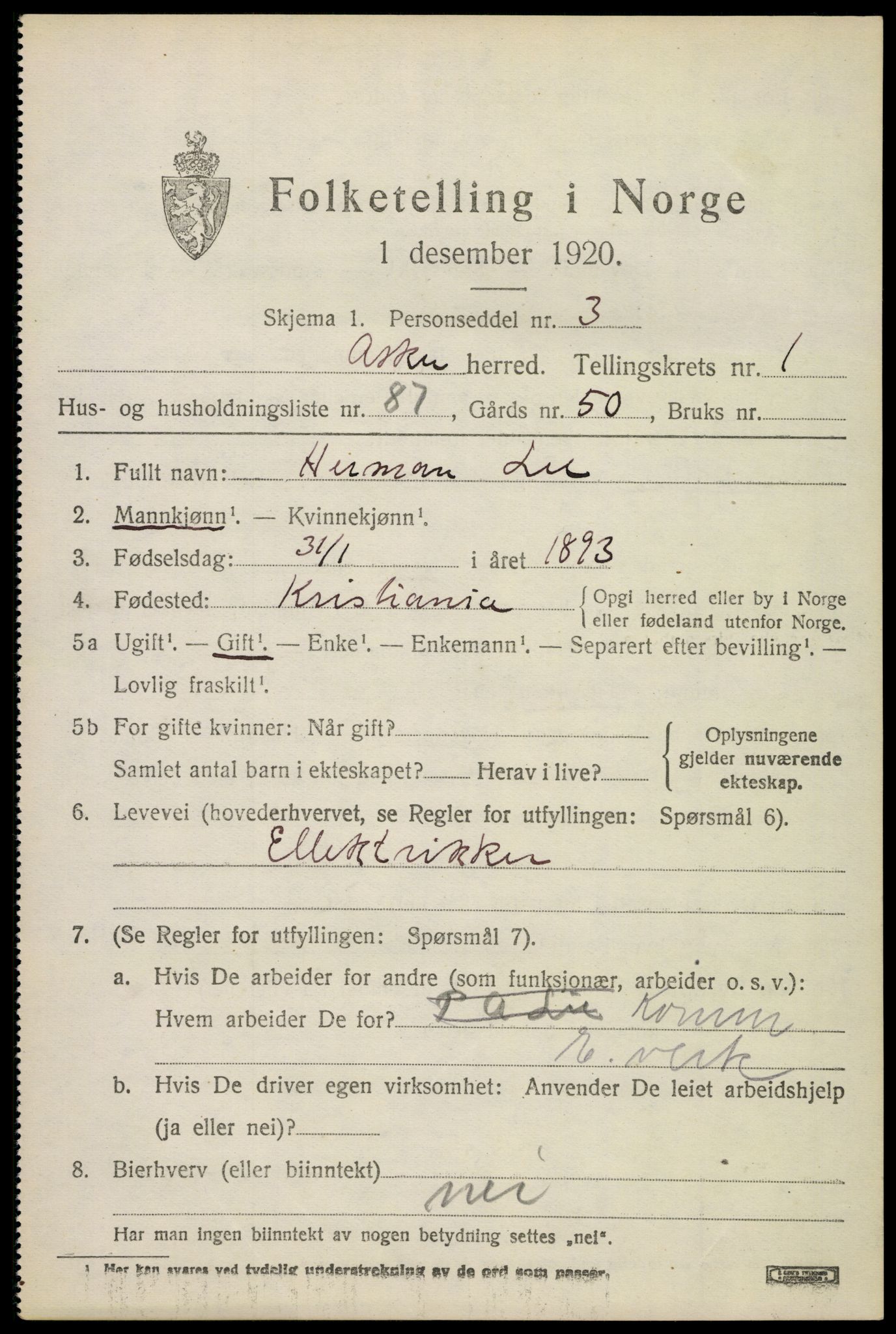 SAO, 1920 census for Asker, 1920, p. 3622