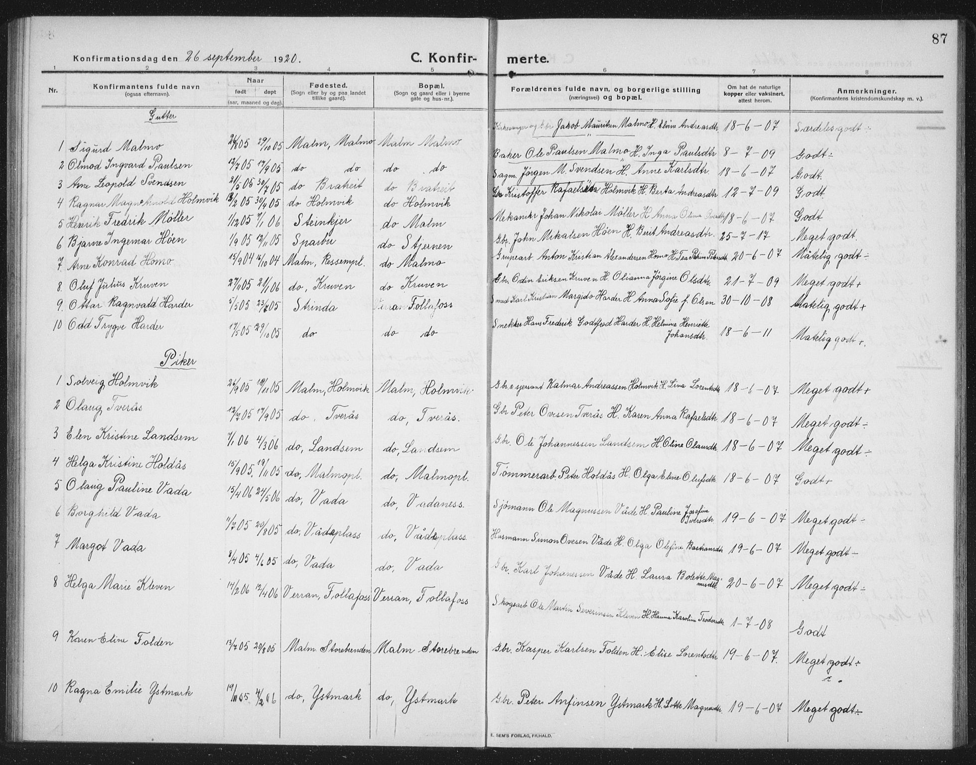Ministerialprotokoller, klokkerbøker og fødselsregistre - Nord-Trøndelag, AV/SAT-A-1458/745/L0434: Parish register (copy) no. 745C03, 1914-1937, p. 87