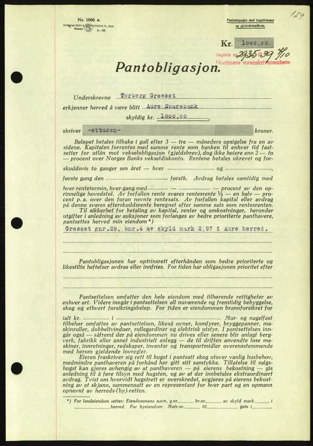 Nordmøre sorenskriveri, AV/SAT-A-4132/1/2/2Ca: Mortgage book no. B86, 1939-1940, Diary no: : 2935/1939