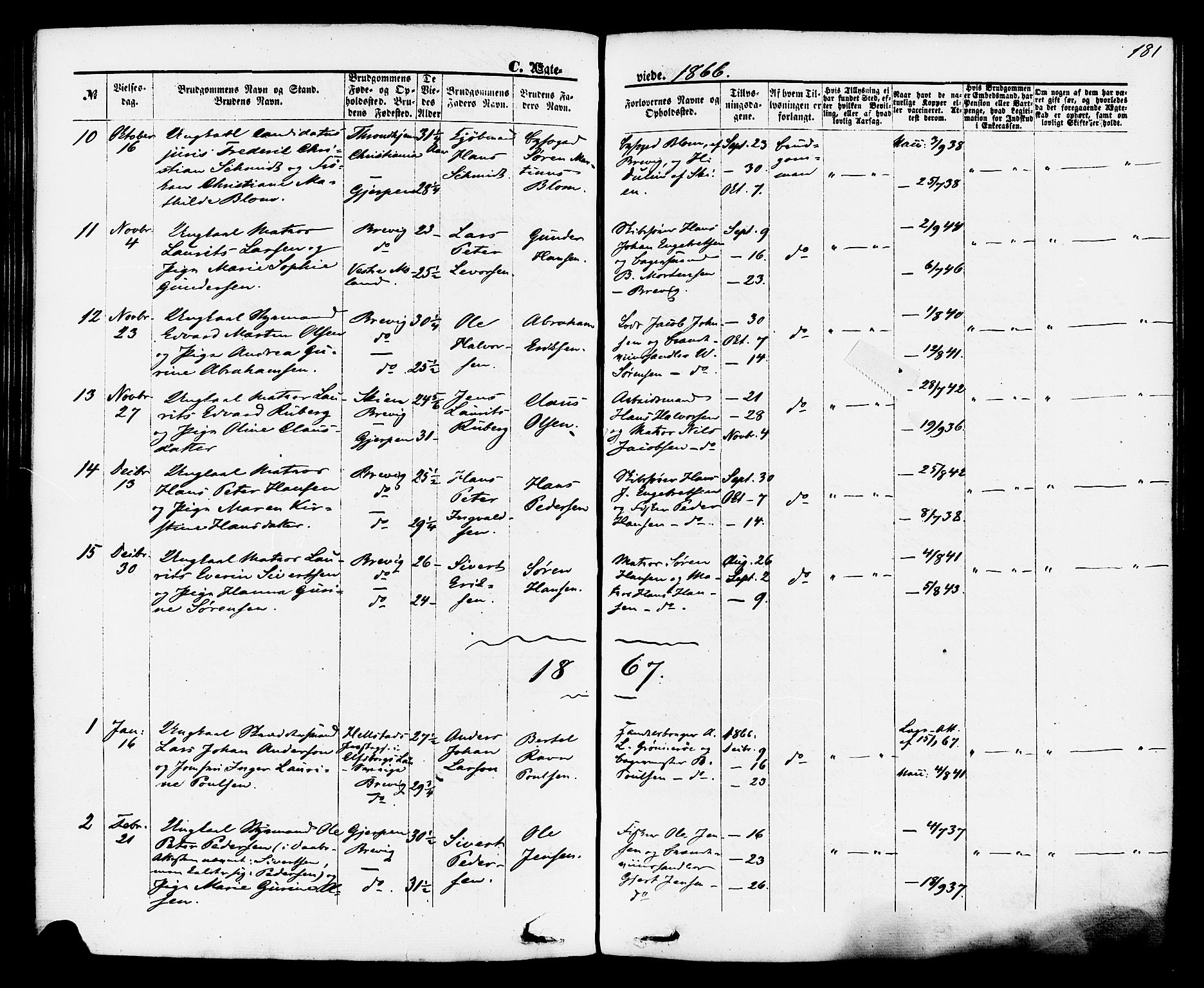 Brevik kirkebøker, SAKO/A-255/F/Fa/L0006: Parish register (official) no. 6, 1866-1881, p. 181