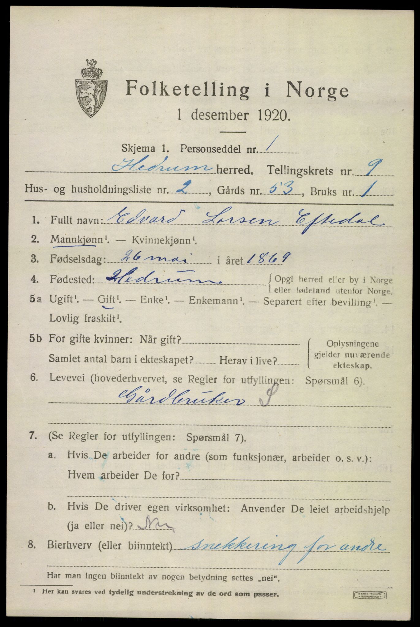 SAKO, 1920 census for Hedrum, 1920, p. 6817