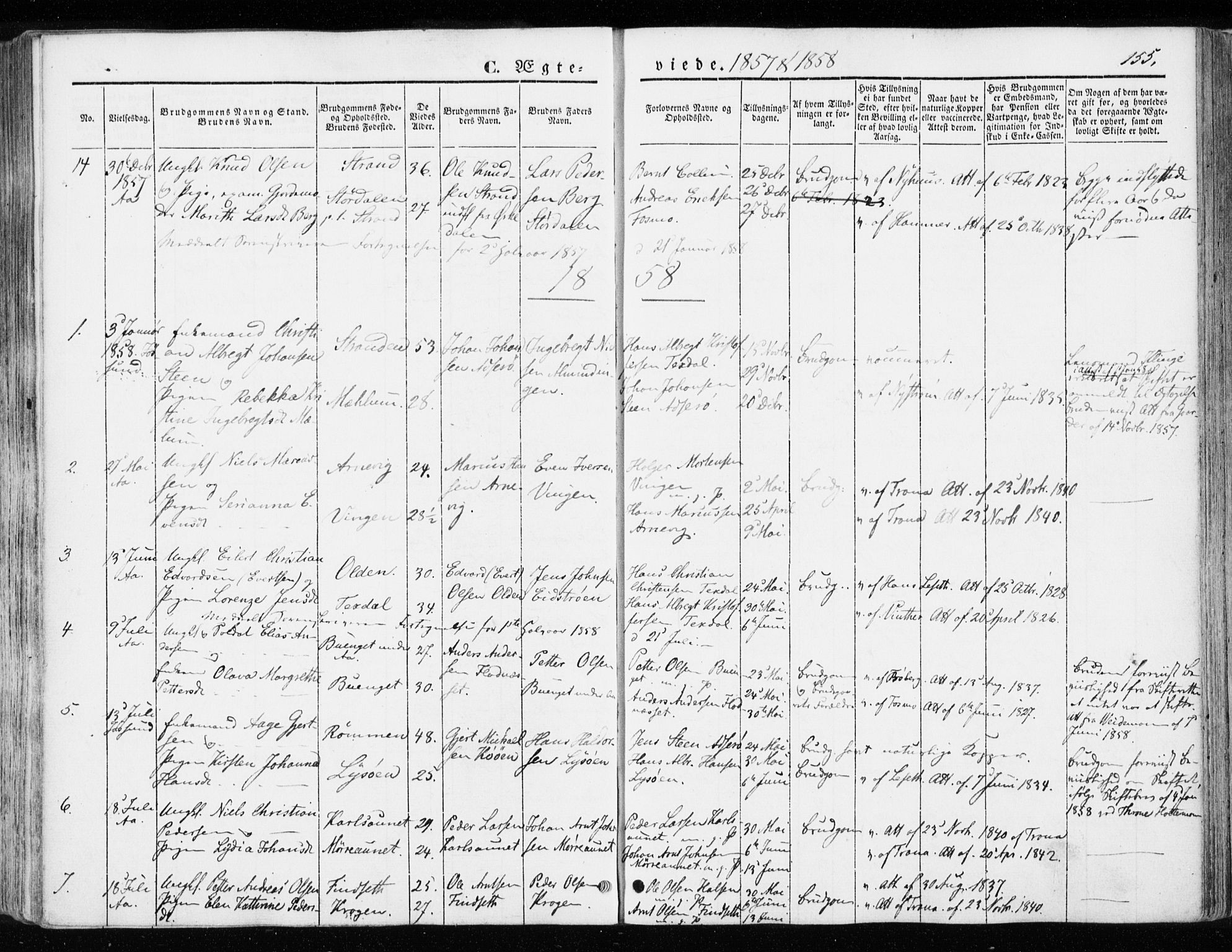 Ministerialprotokoller, klokkerbøker og fødselsregistre - Sør-Trøndelag, SAT/A-1456/655/L0677: Parish register (official) no. 655A06, 1847-1860, p. 155