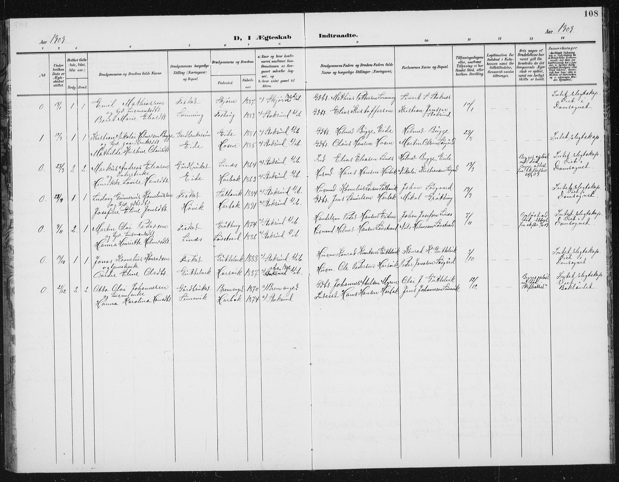 Ministerialprotokoller, klokkerbøker og fødselsregistre - Sør-Trøndelag, SAT/A-1456/656/L0699: Parish register (copy) no. 656C05, 1905-1920, p. 108