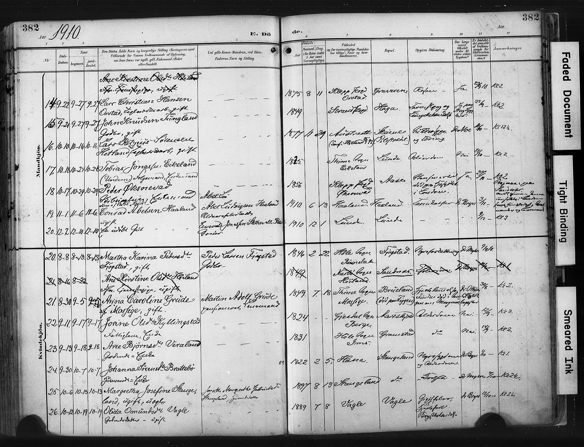 Høyland sokneprestkontor, AV/SAST-A-101799/001/30BA/L0015: Parish register (official) no. A 14, 1899-1911, p. 382