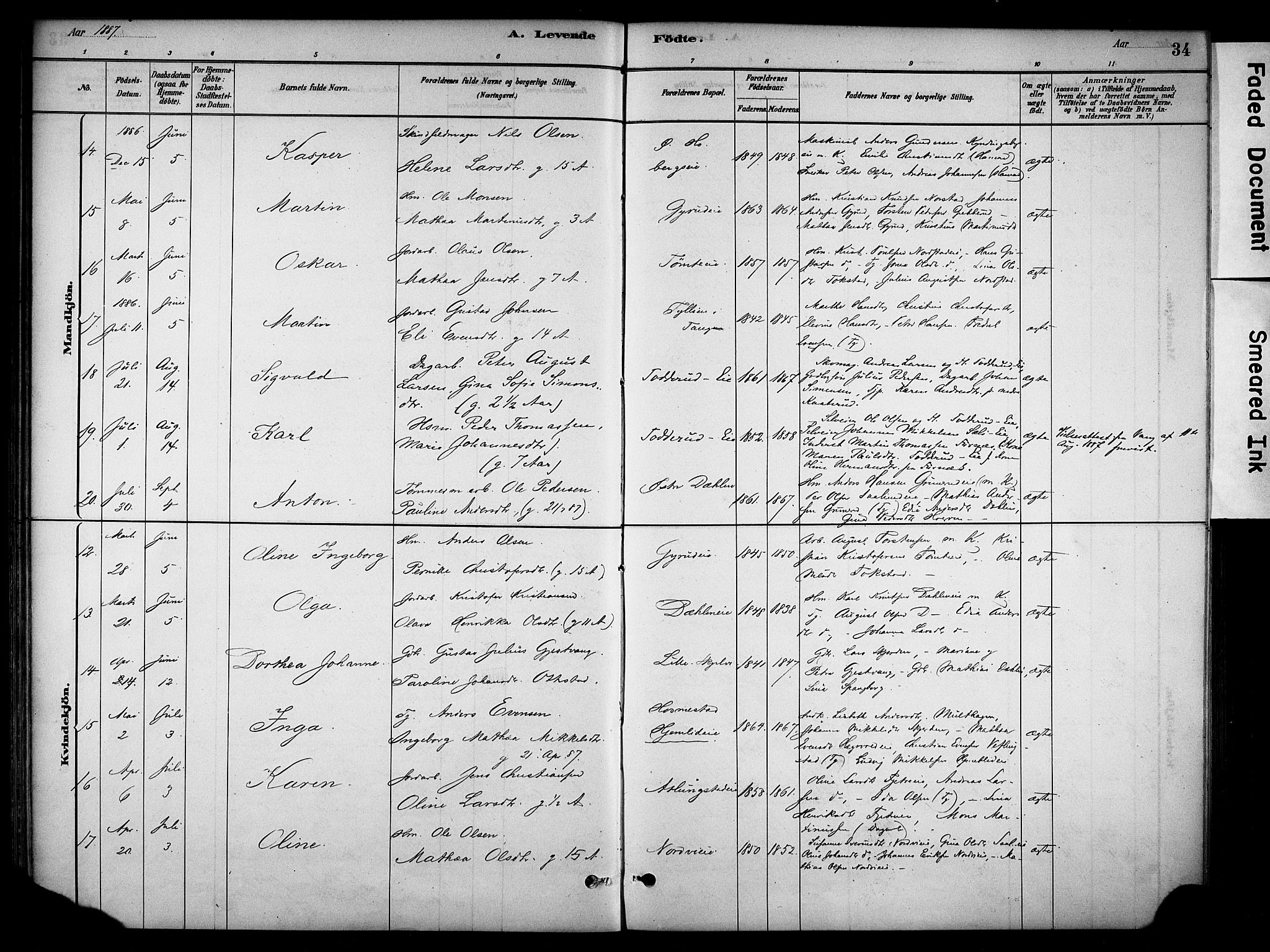 Stange prestekontor, SAH/PREST-002/K/L0019: Parish register (official) no. 19, 1880-1891, p. 34