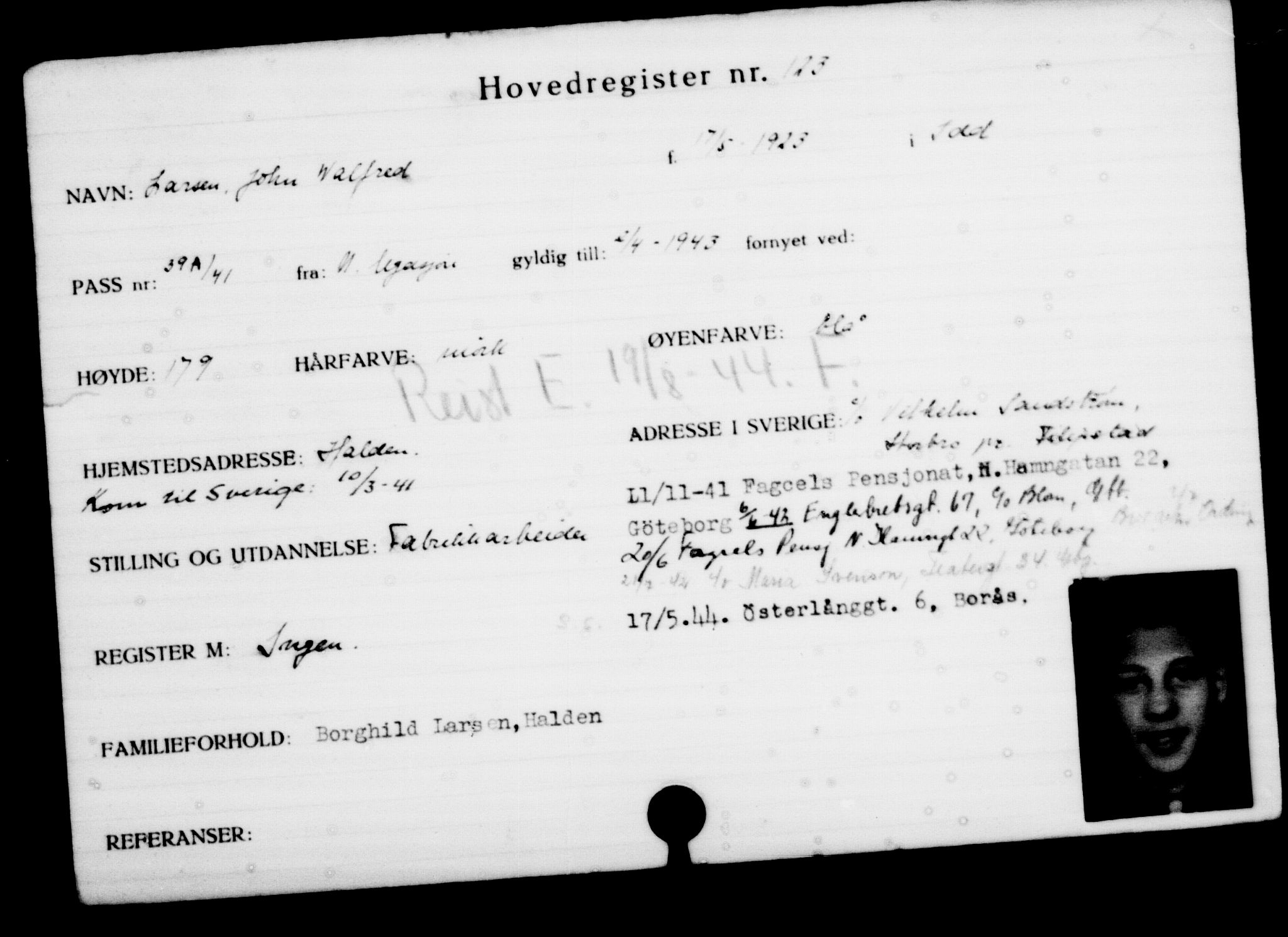 Utenriksstasjonene, Legasjonen i Stockholm, Flyktningkontoret, AV/RA-S-6753/V/Va/L0001: Kjesäterkartoteket, flyktninger med registreringsnr. 1-1000, 1940-1945, p. 200