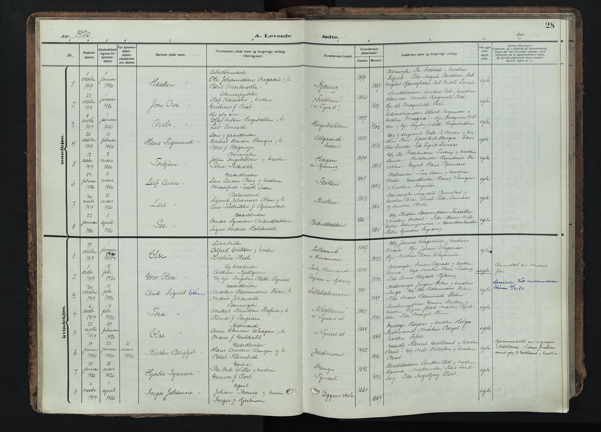 Tynset prestekontor, SAH/PREST-058/H/Ha/Haa/L0026: Parish register (official) no. 26, 1915-1929, p. 28