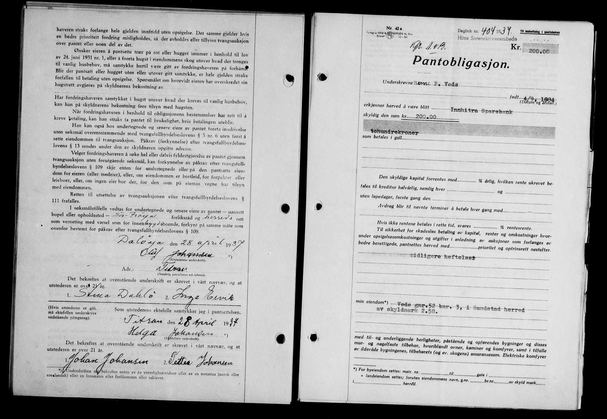 Hitra sorenskriveri, AV/SAT-A-0018/2/2C/2Ca/L0028: Mortgage book no. B-1, 1936-1939, Diary no: : 404/1937