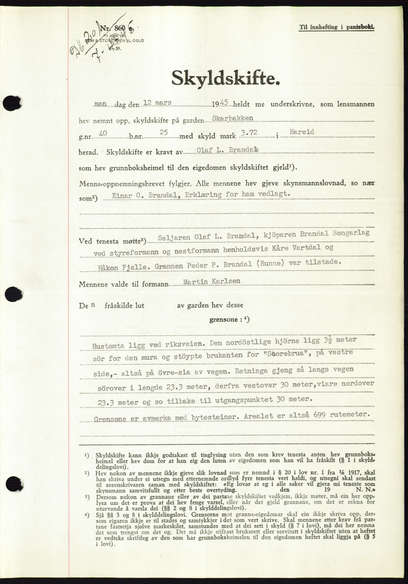 Søre Sunnmøre sorenskriveri, AV/SAT-A-4122/1/2/2C/L0077: Mortgage book no. 3A, 1945-1946, Diary no: : 201/1945