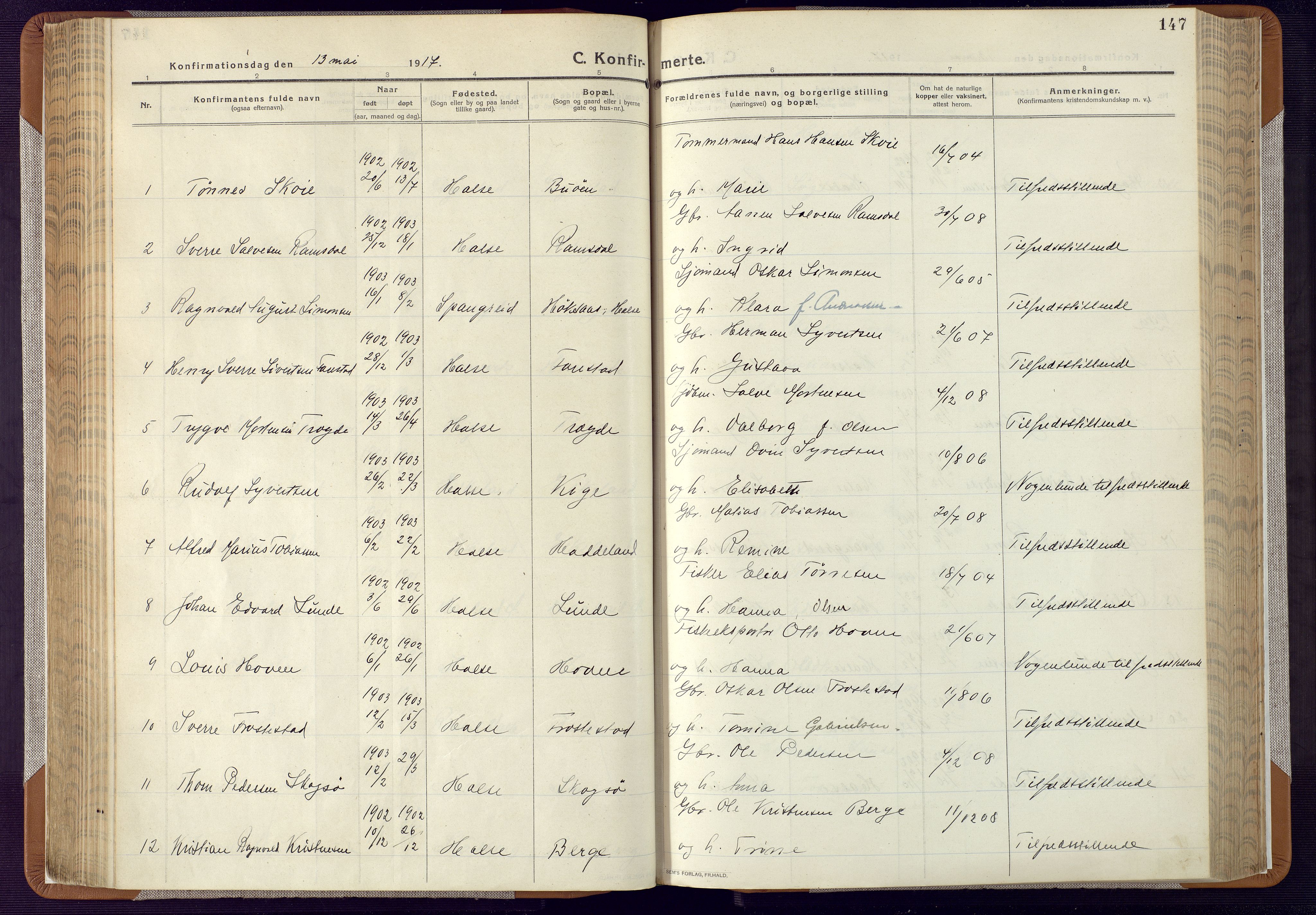 Mandal sokneprestkontor, SAK/1111-0030/F/Fa/Faa/L0022: Parish register (official) no. A 22, 1913-1925, p. 147