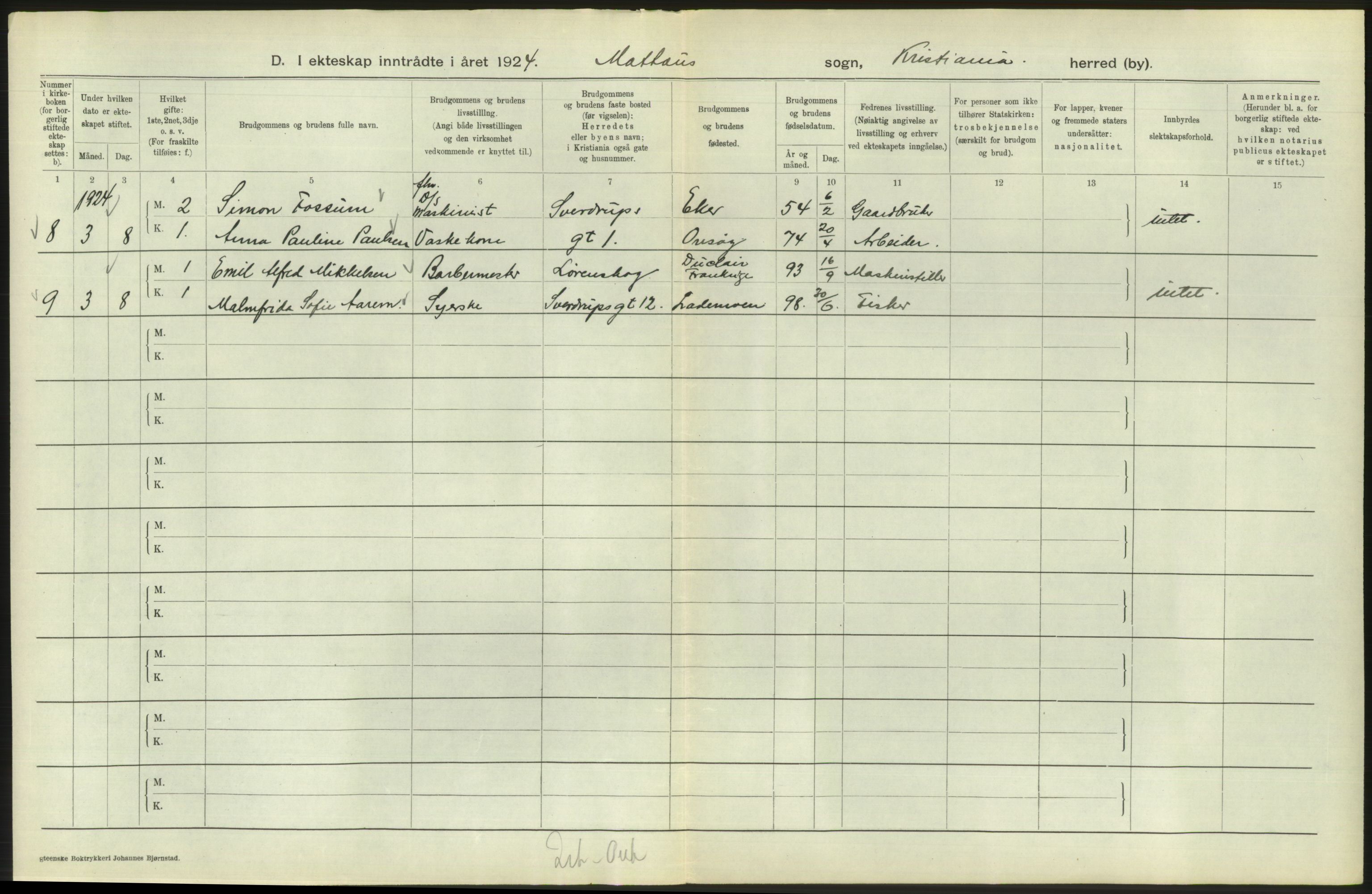Statistisk sentralbyrå, Sosiodemografiske emner, Befolkning, AV/RA-S-2228/D/Df/Dfc/Dfcd/L0007: Kristiania: Gifte, 1924, p. 758