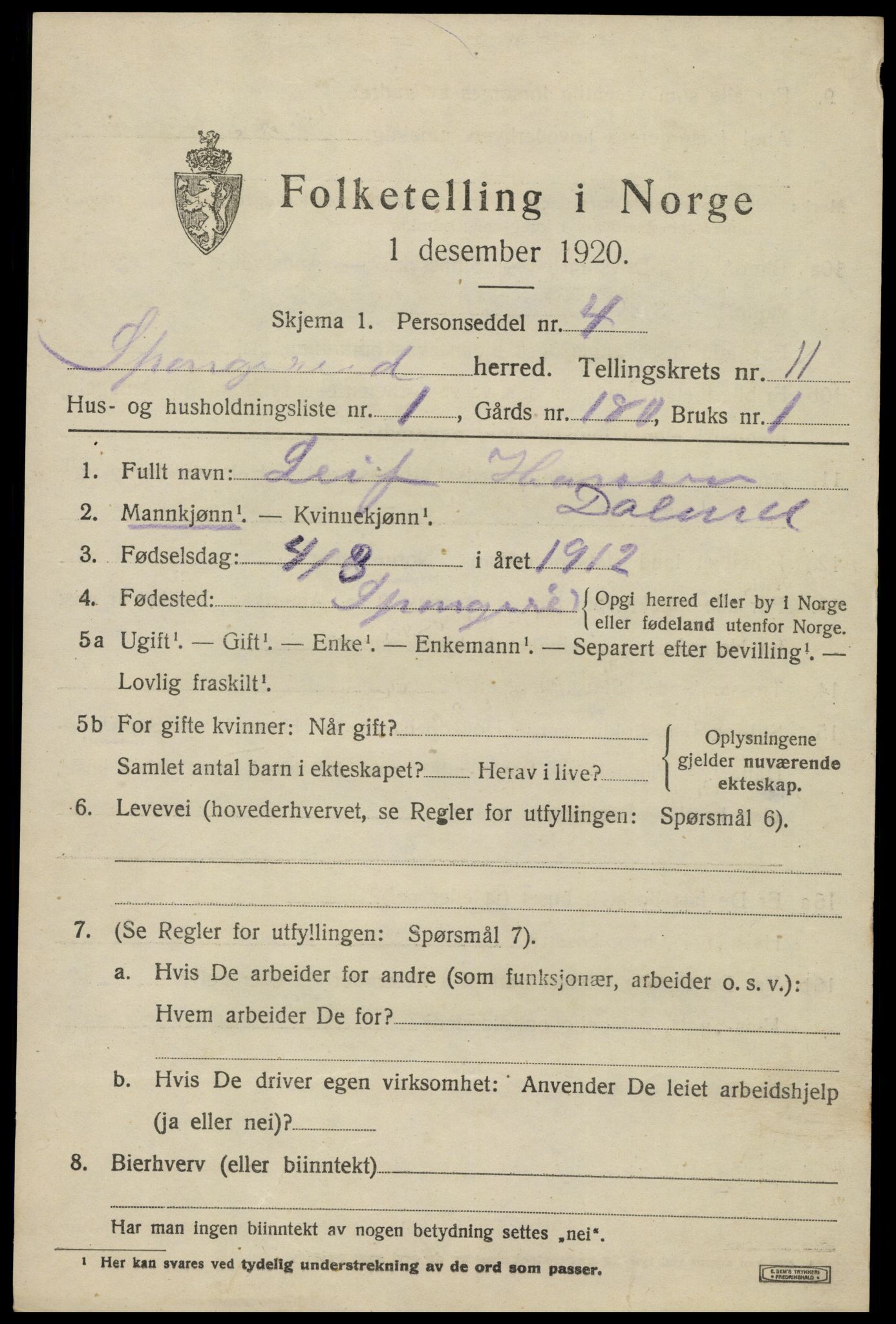 SAK, 1920 census for Spangereid, 1920, p. 3655